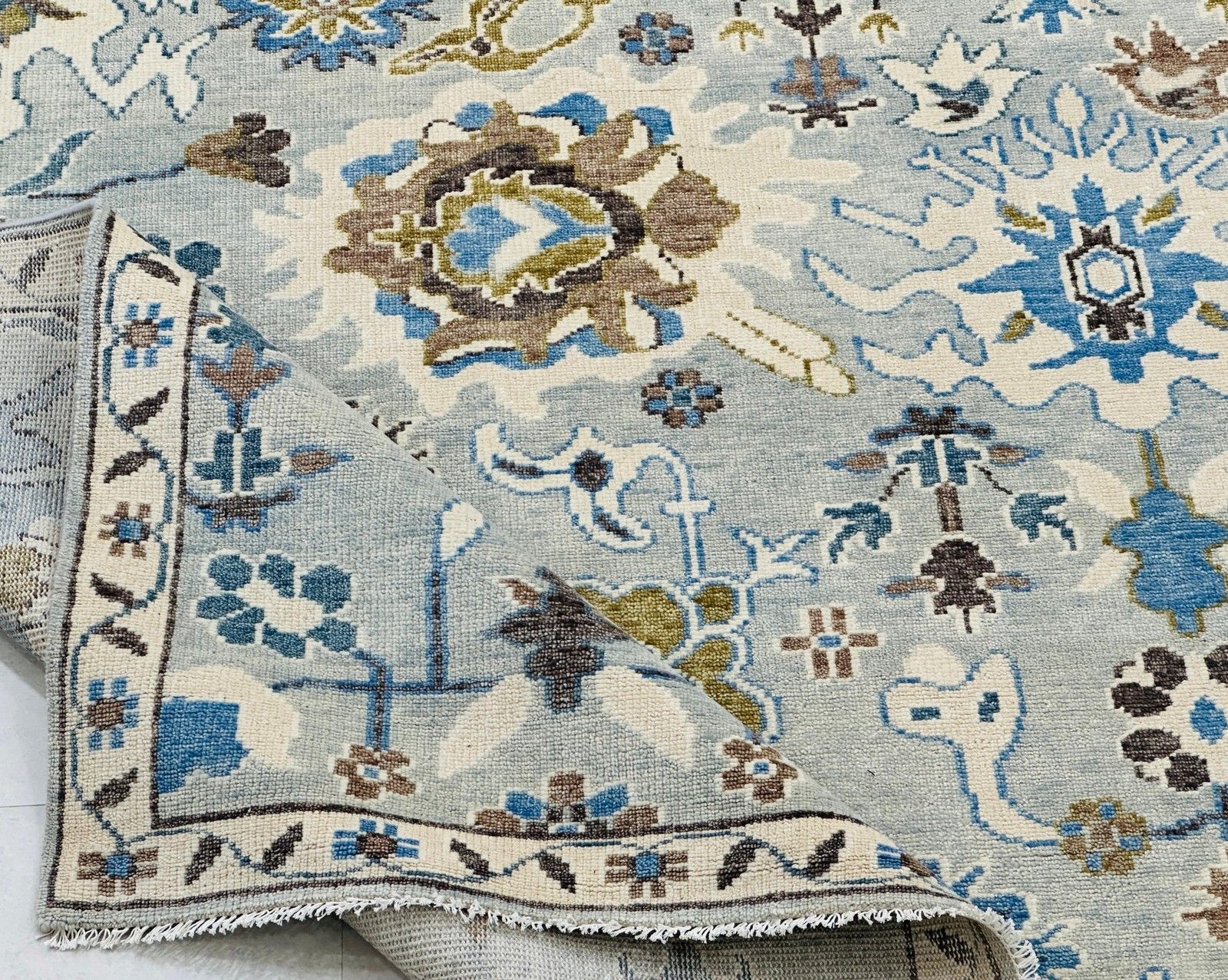 8x10 Ft Handgemaakte Oushak Wollen Vloerkleed voor Woonkamer, Blauw Bloemmotief Tapijt photo 2112.0