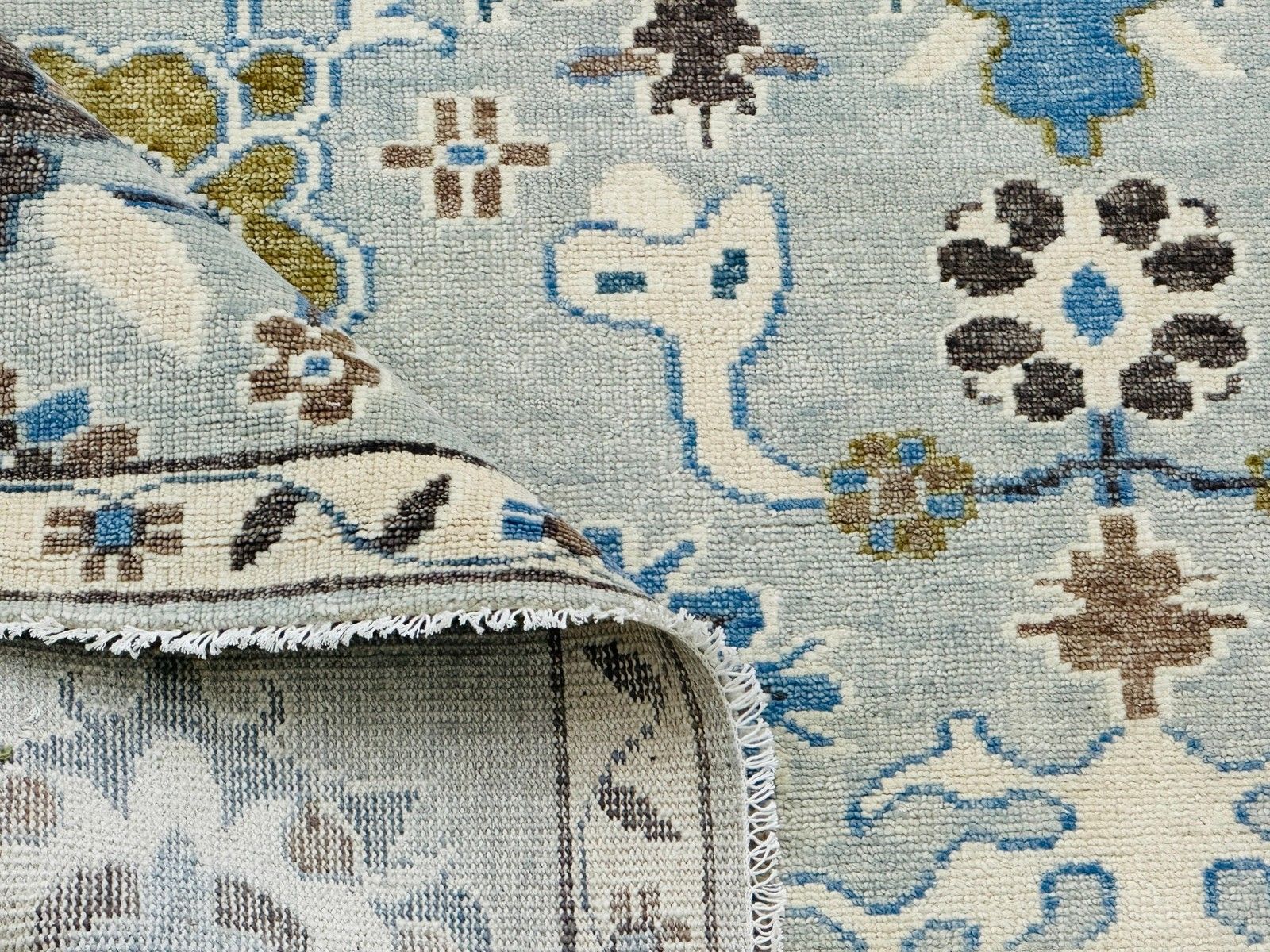 8x10 Ft Handgemaakte Oushak Wollen Vloerkleed voor Woonkamer, Blauw Bloemmotief Tapijt photo vintage