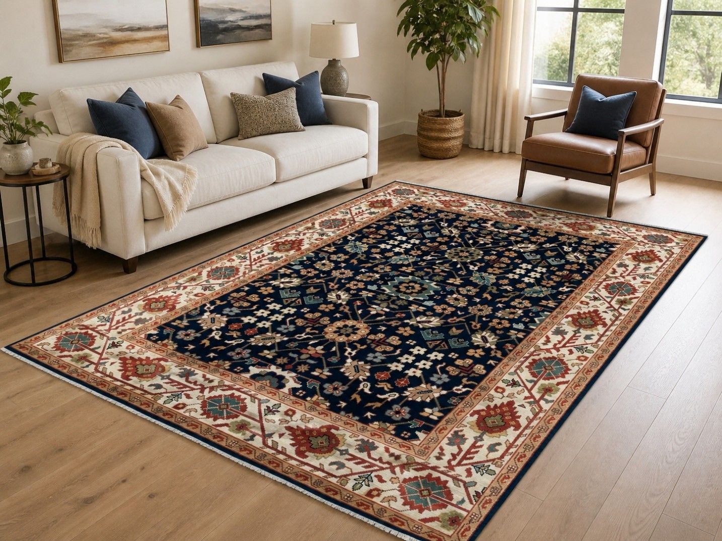Tapis en laine contemporain fait main 8 x 10 ft, à motifs floraux bleu marine photo furniture