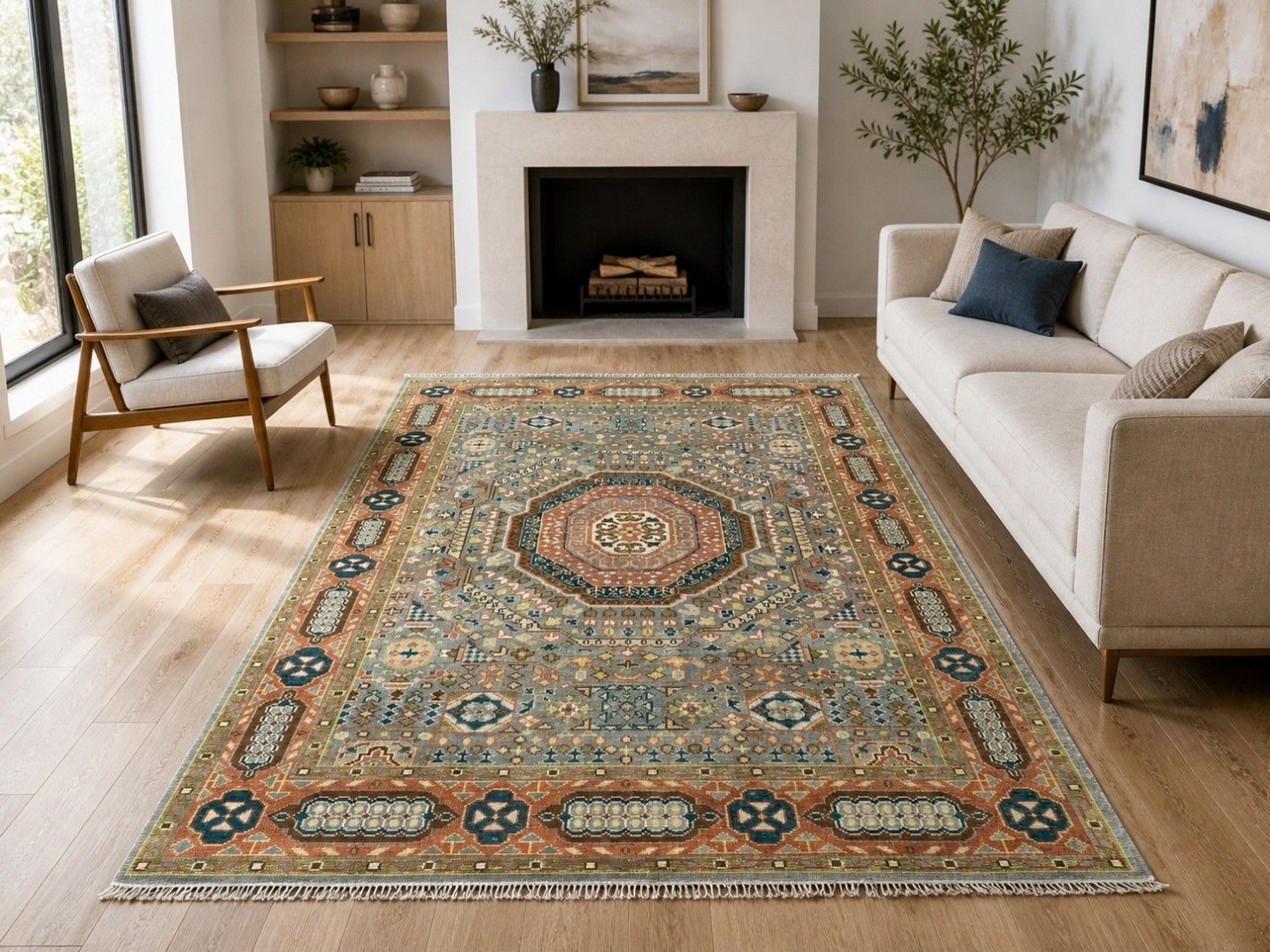 Tapis moderne en laine noué à la main, 245 x 305 cm, motif médaillon géométrique