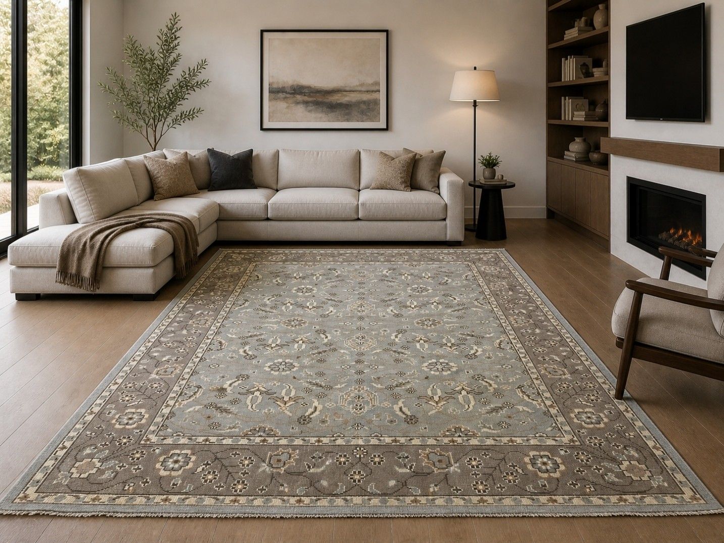 8x10 Ft Hand Knotted Oushak Area Rug For Living Room, Blue Floral Design Carpet photo furniture