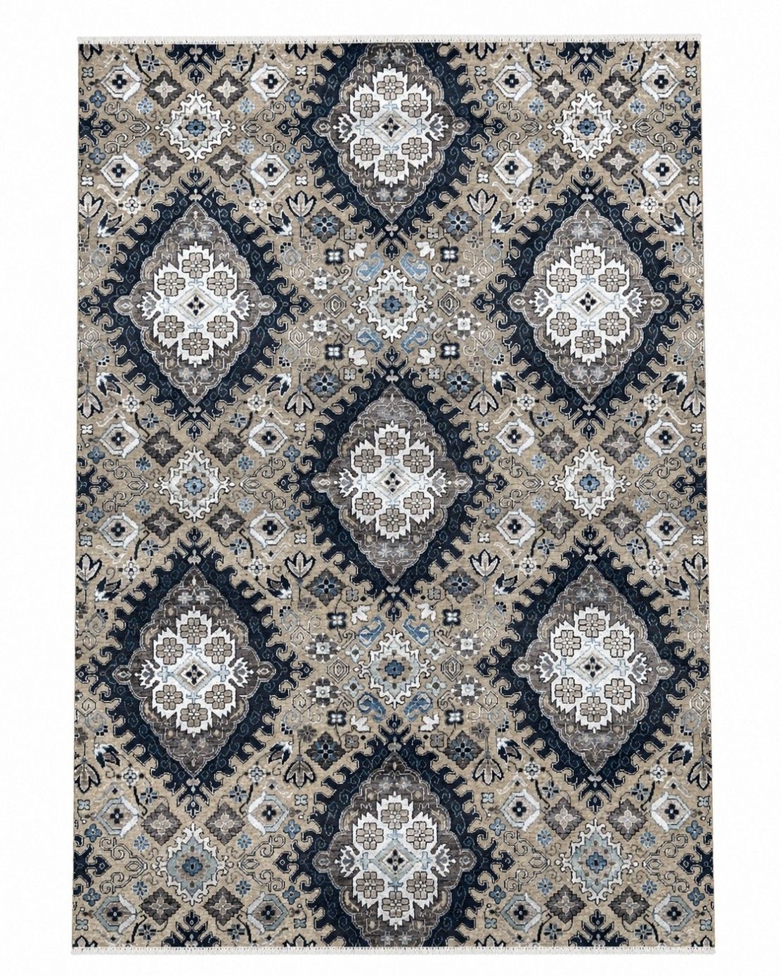 8x10 Ft Handgeknoopt Wollen Vloerkleed in Marineblauw en Taupe. Tapijt met Bloemmotief
