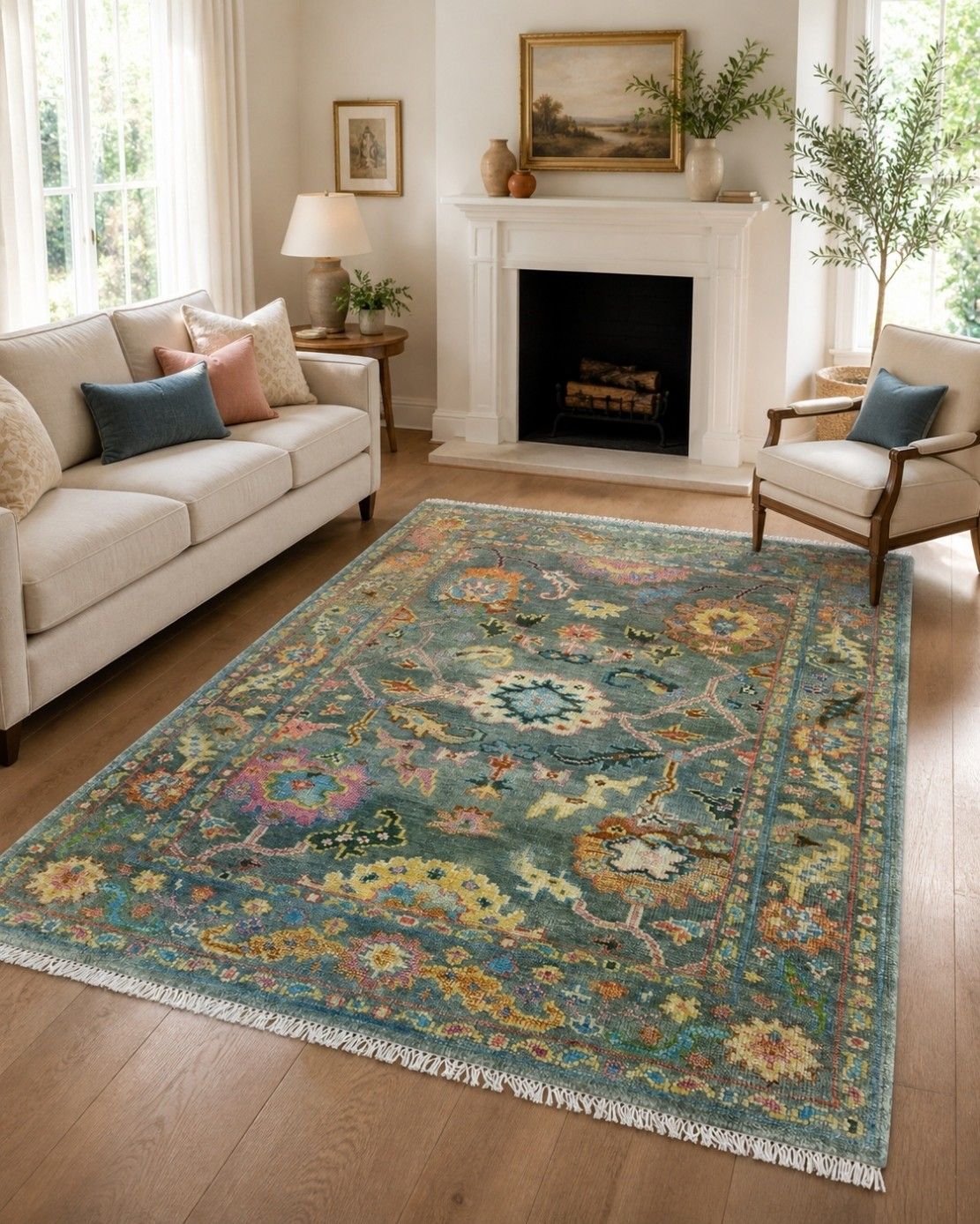 6x9 Ft Handknotted Oushak Rug For Living Room, Green Floral Design Modern Carpet