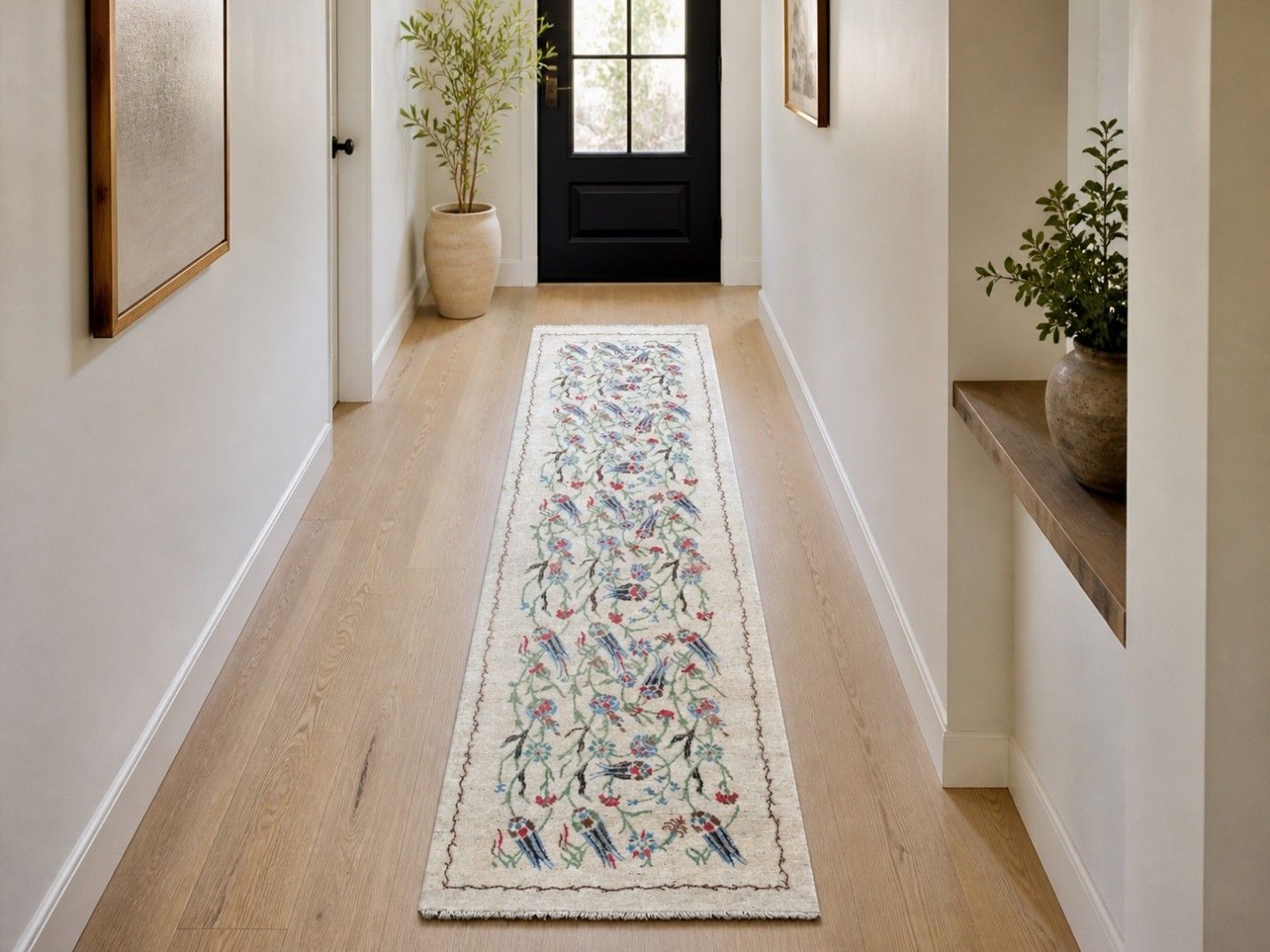 2.9x10.8 Ft Handmade Silk Hallway Rug. Floral Vine Design Runner Rug For Kitchen photo for sale