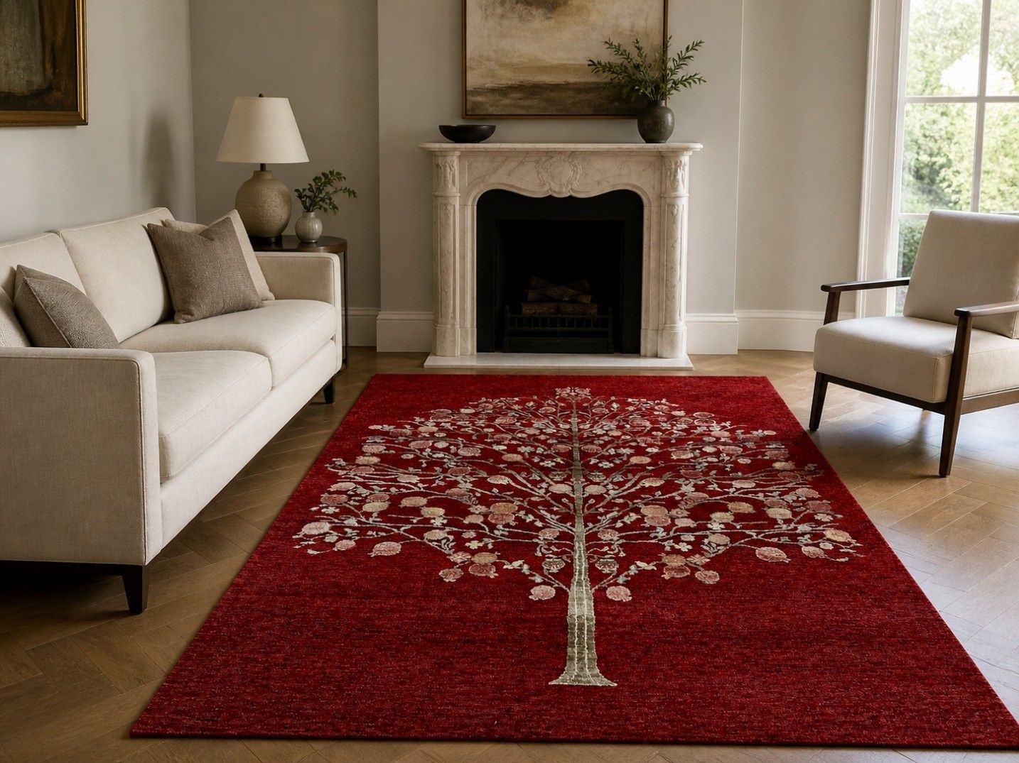Tapis noué à la main 150 x 245 cm, motif botanique arbre, rouge, pour salon photo furniture