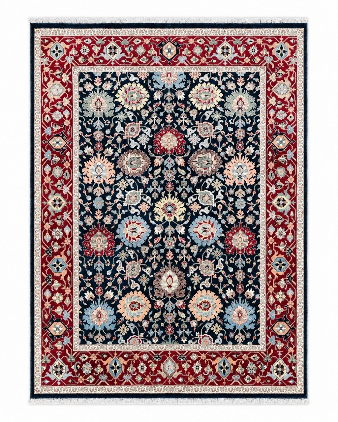 Tapis en laine fait main 245 x 305 cm, motif floral marine et rouge, pour salon
