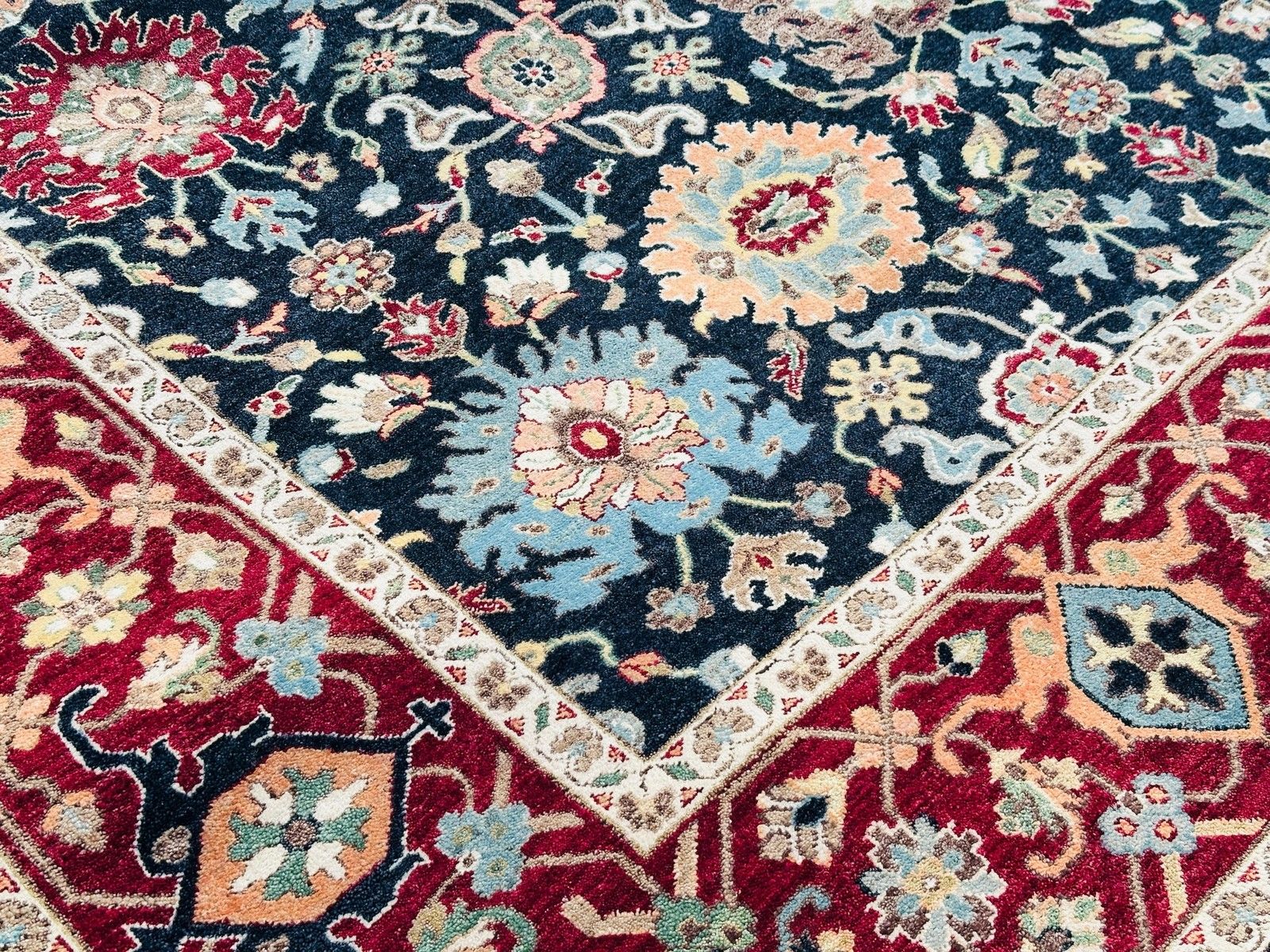 Tapis en laine fait main 245 x 305 cm, motif floral marine et rouge, pour salon photo buy