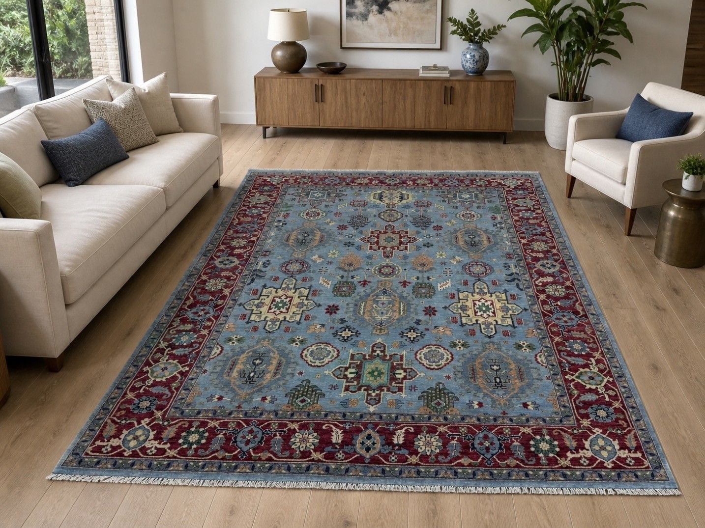 Tapis noué à la main 245 x 305 cm, motif floral moderne bleu, pour salon photo furniture