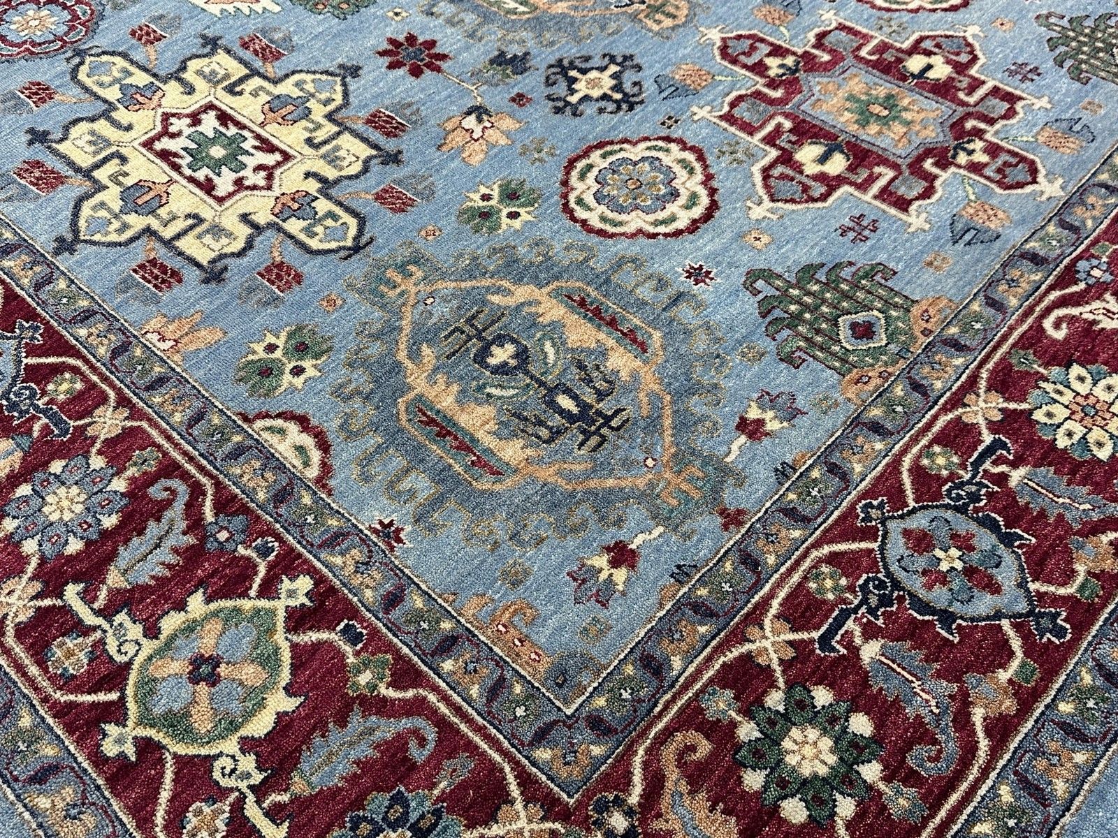 Tapis noué à la main 245 x 305 cm, motif floral moderne bleu, pour salon photo buy