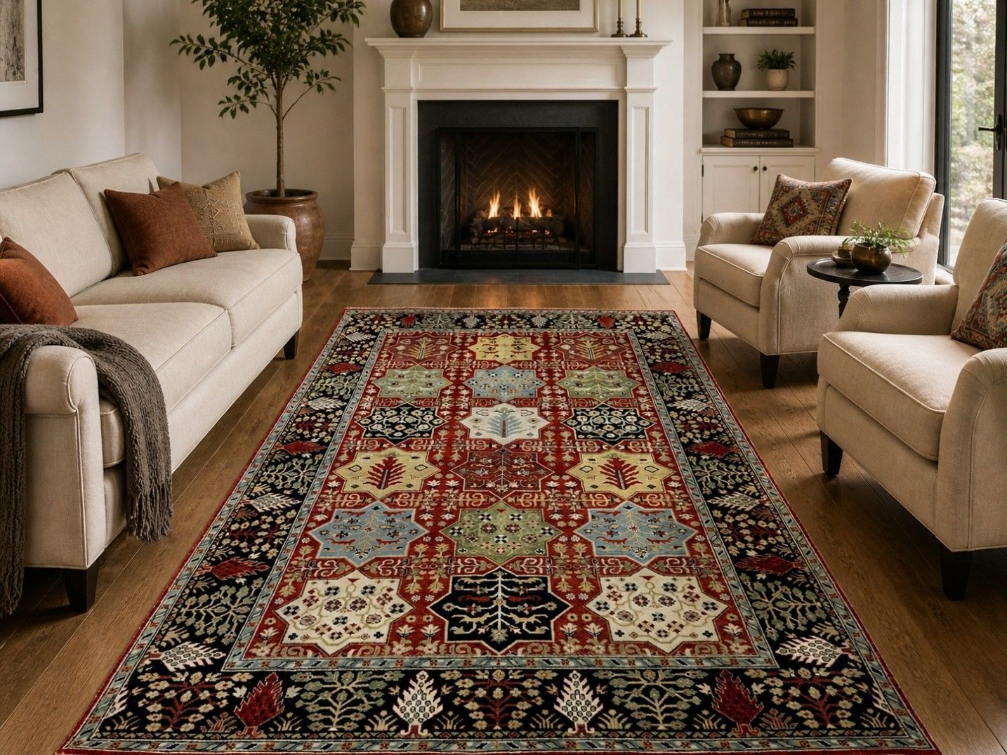 Handgeknoopt wollen vloerkleed 6x9 ft, rood geometrisch botanisch tapijt voor de woonkamer photo furniture