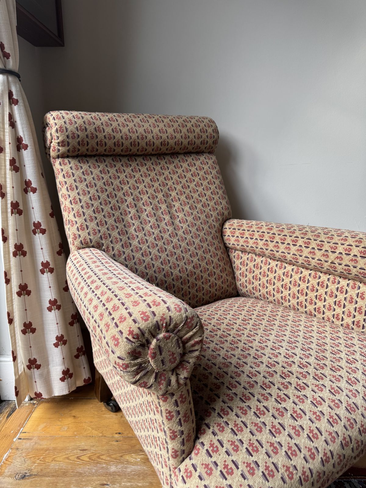 Antique Reupholstered Armchair On Mahogany Casters photo for sale