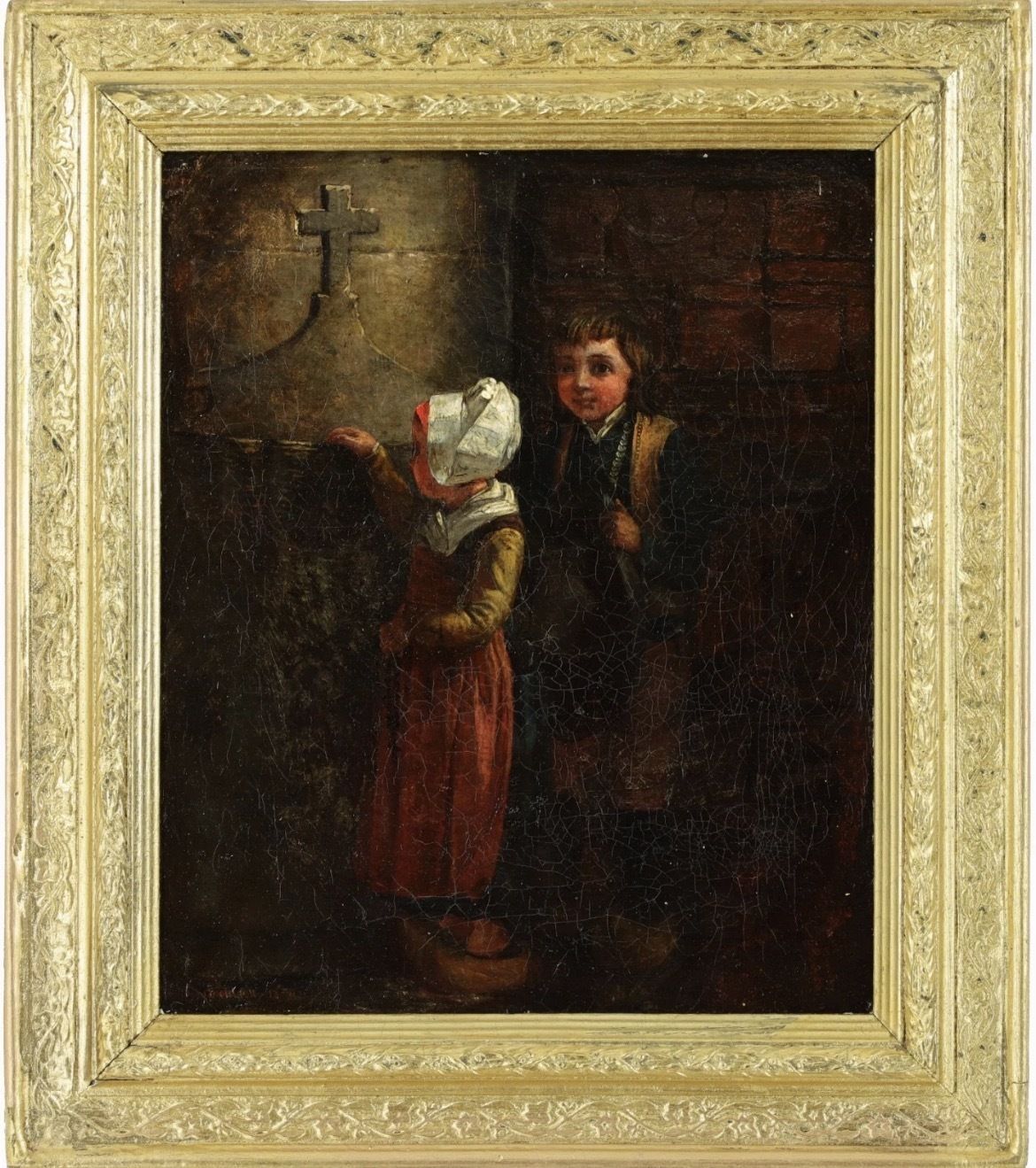 Emma Brownlow 19th Century Oil Painting: Dutch Boy And Girl In Church Interior’ Signed And Dated