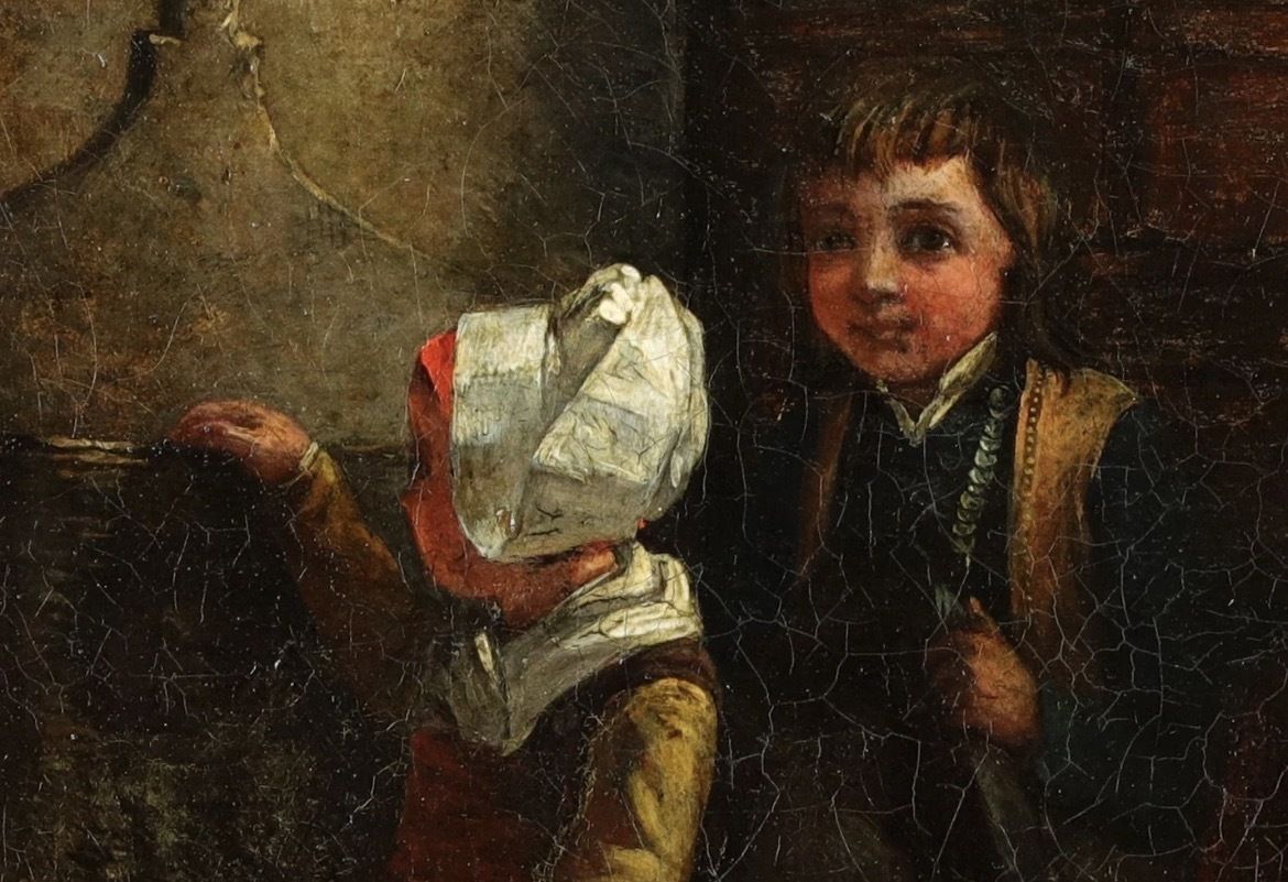 Emma Brownlow 19th Century Oil Painting: Dutch Boy And Girl In Church Interior’ Signed And Dated photo furniture