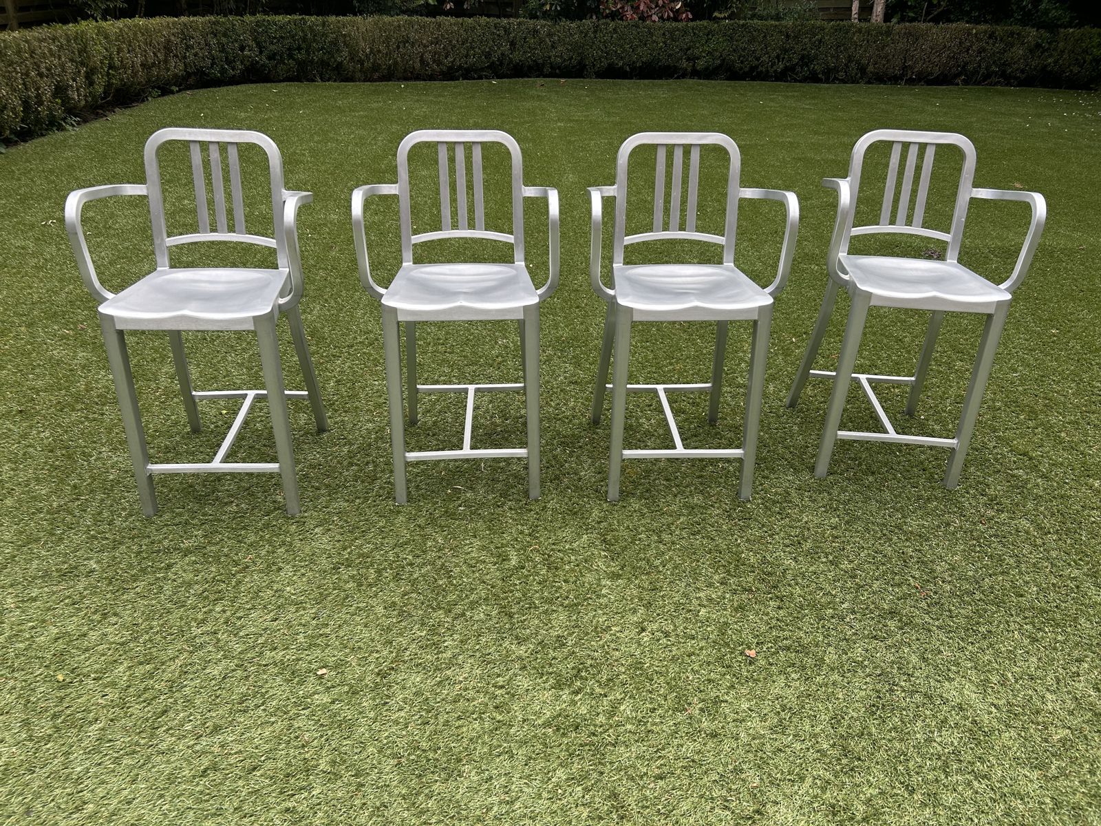 Set Of 4 Emeco Navy Bar Stools With Arms .1944 Hand Brushed Aluminium