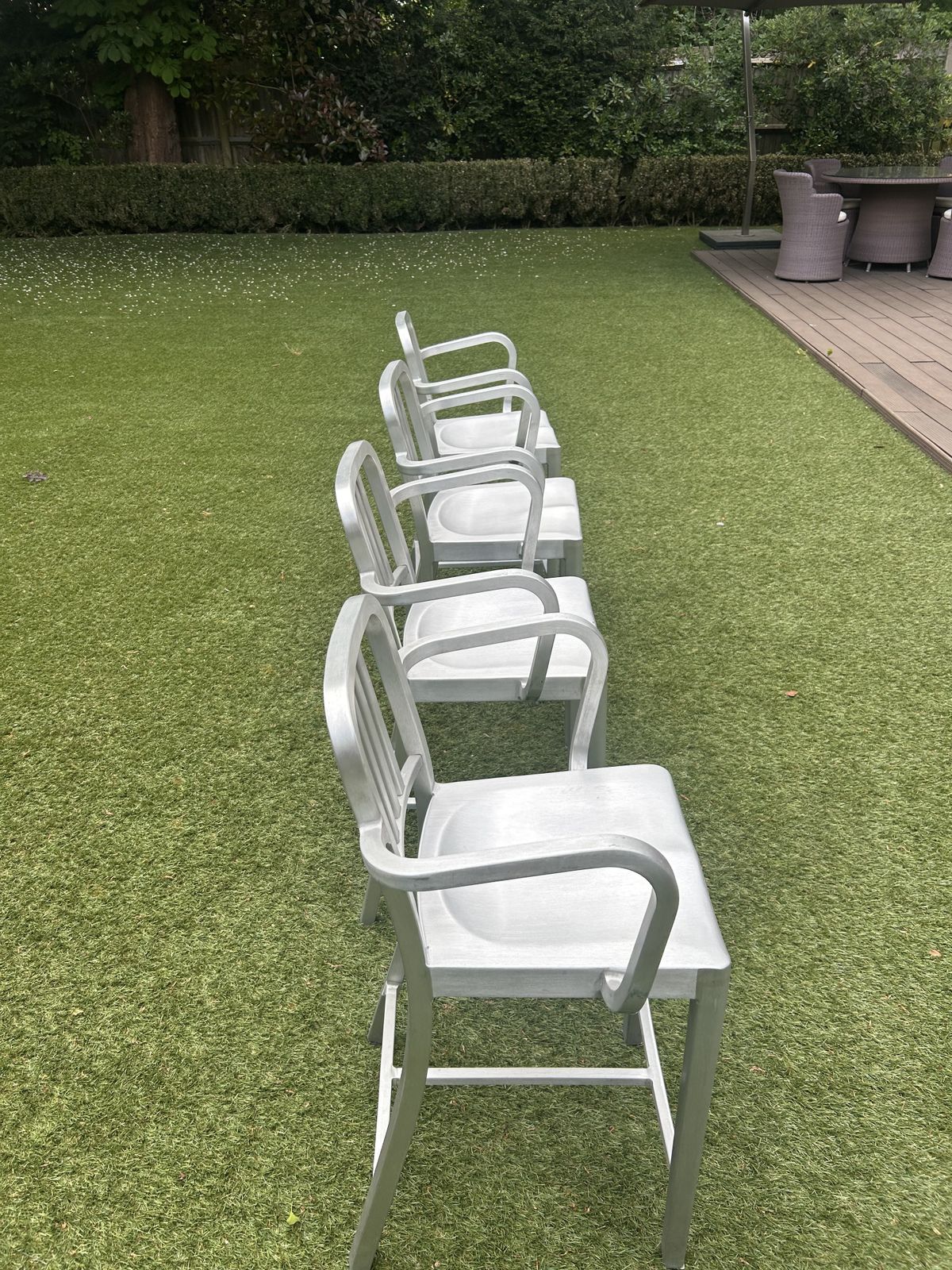 Set Of 4 Emeco Navy Bar Stools With Arms .1944 Hand Brushed Aluminium photo for sale