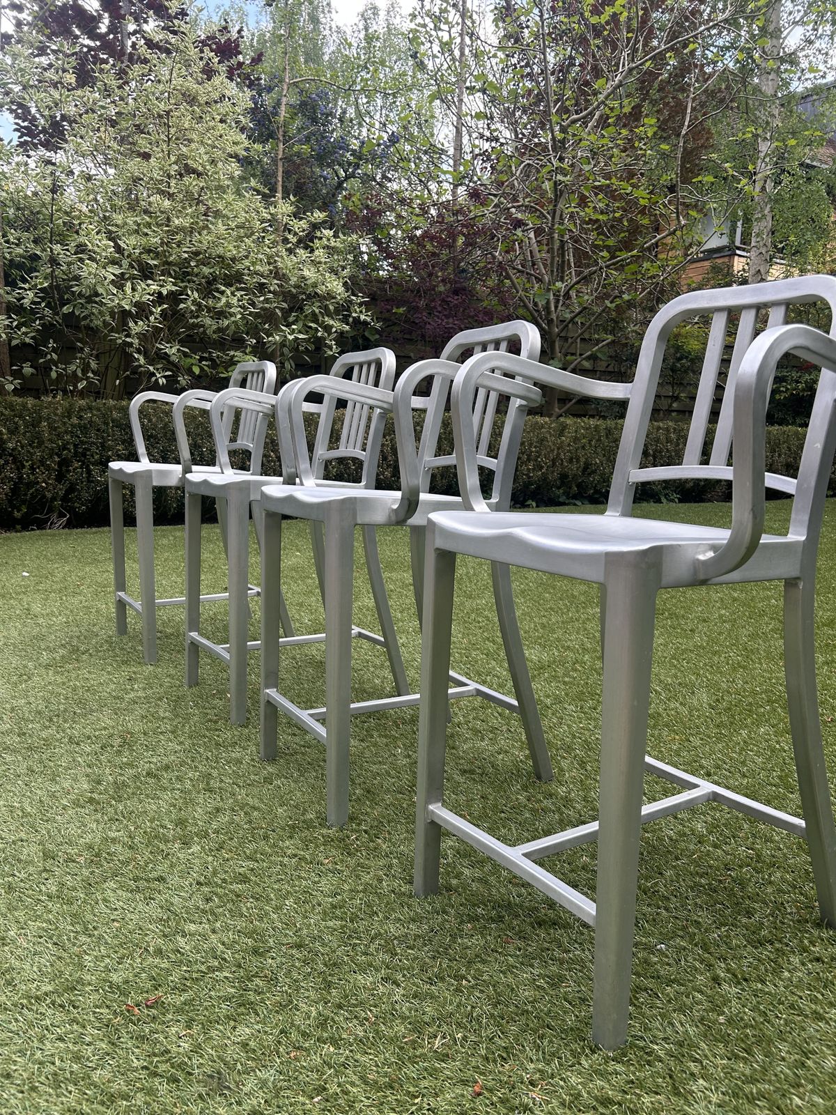 Set Of 4 Emeco Navy Bar Stools With Arms .1944 Hand Brushed Aluminium photo Furniture