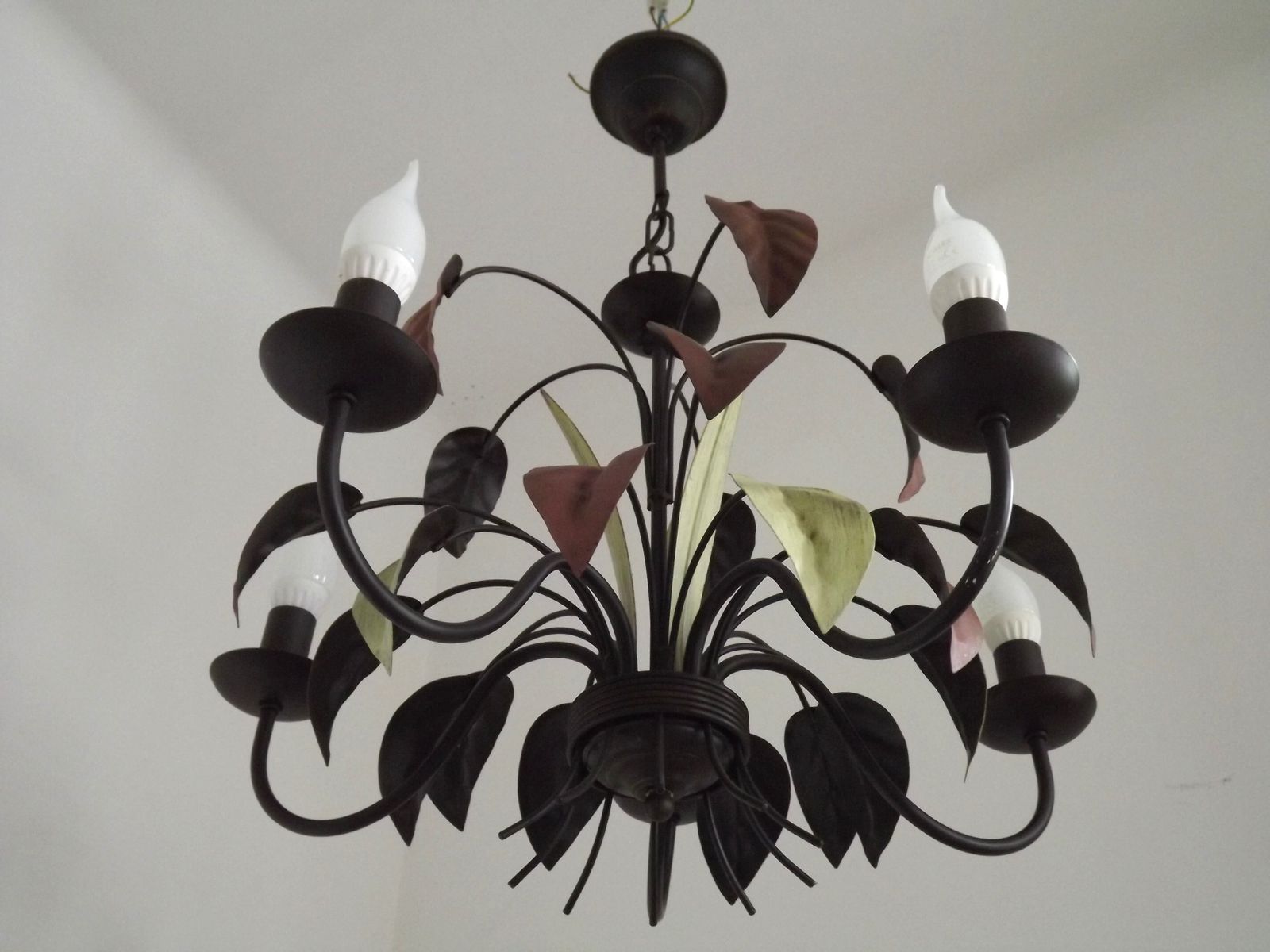 French Vintage 5 Light Brown & Green Tied Boquet Large Leaf Toleware Chandelier photo for sale