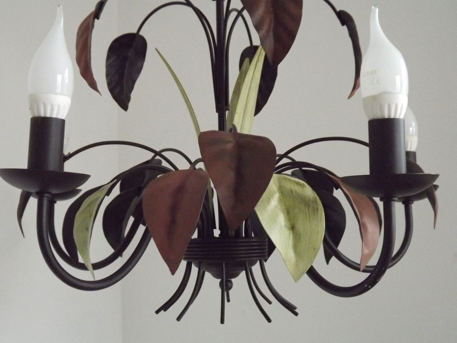 photo for sale French Vintage 5 Light Brown & Green Tied Boquet Large Leaf Toleware Chandelier