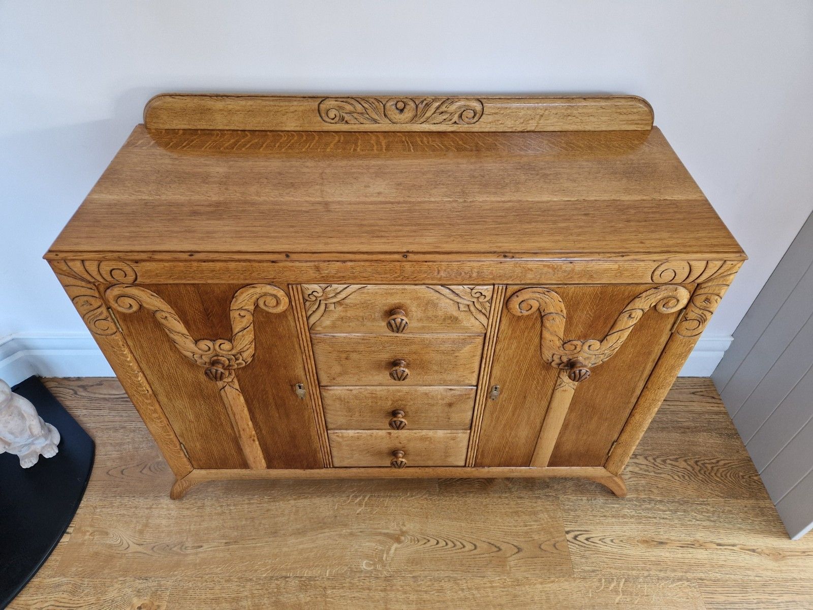 Mid Century Oak Sideboard | Carved Detail | Fully Restored | Rugged Olive photo vintage