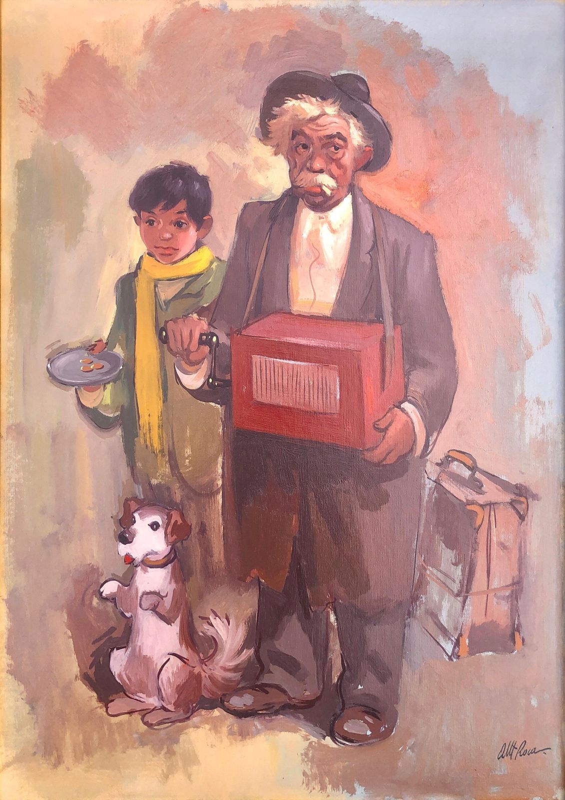 Musiciens des rues au chien, Albert Roca, peinture figurative moderne espagnole à l'huile, vers 1990