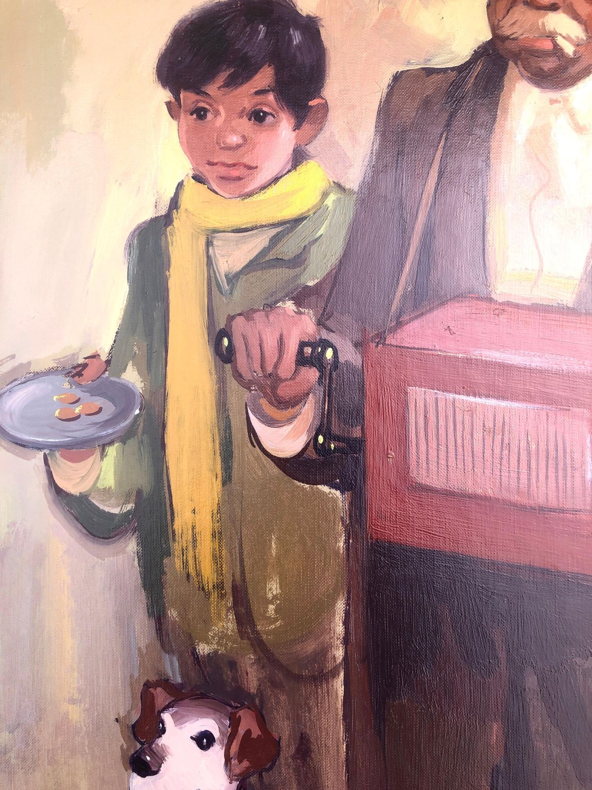 Musiciens des rues au chien, Albert Roca, peinture figurative moderne espagnole à l'huile, vers 1990 photo buy