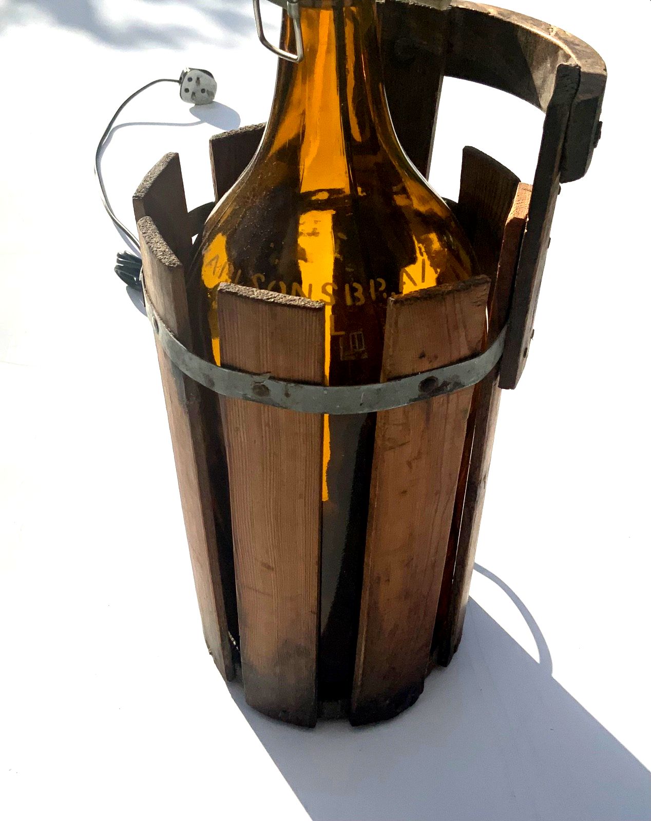 Upcycled Vintage Table Lamp Large  Patent Bottle In Wooden Stand 1900s photo for sale