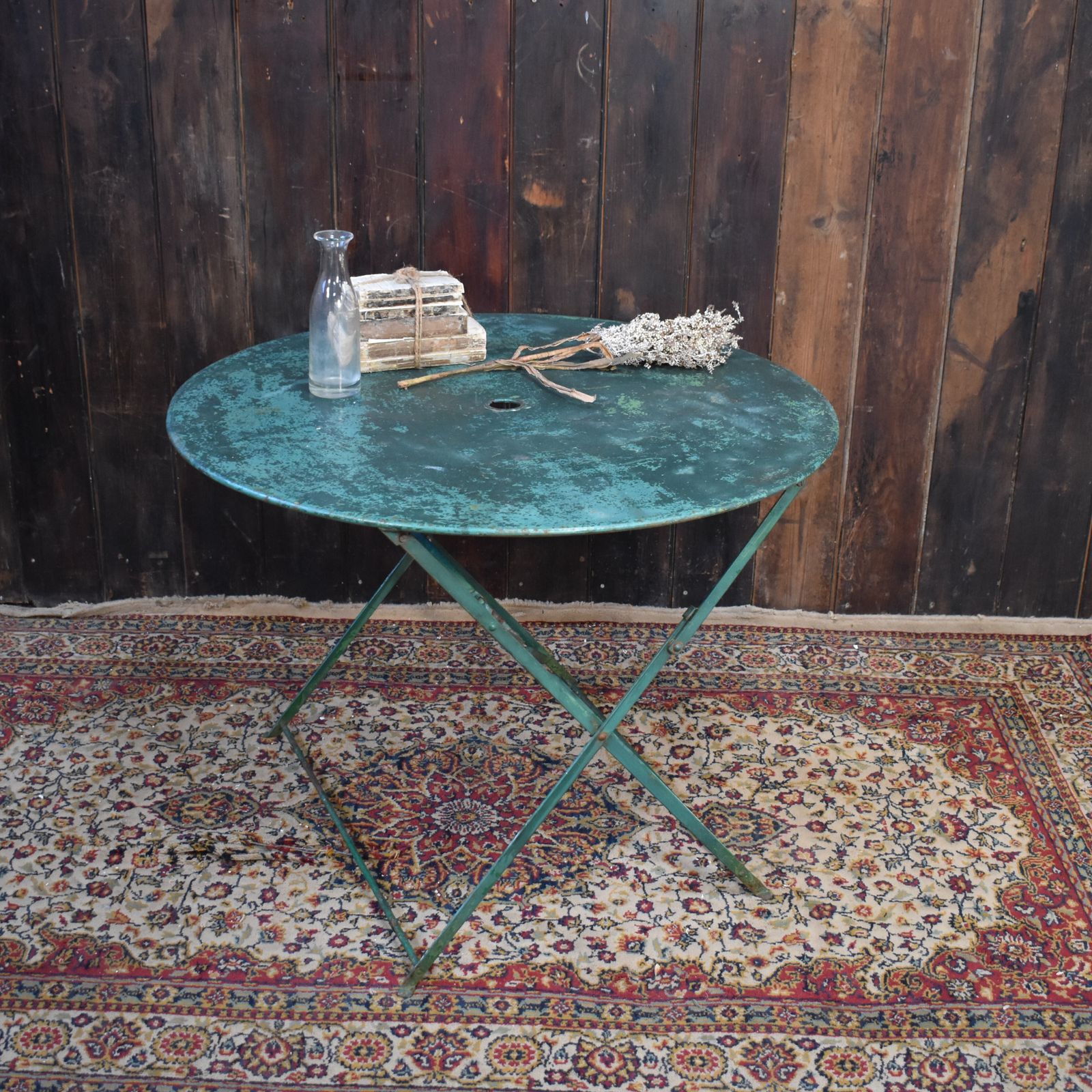Antique 1950s French Green Hand Forged Metal Cafe Bistro Outside Folding Table photo furniture