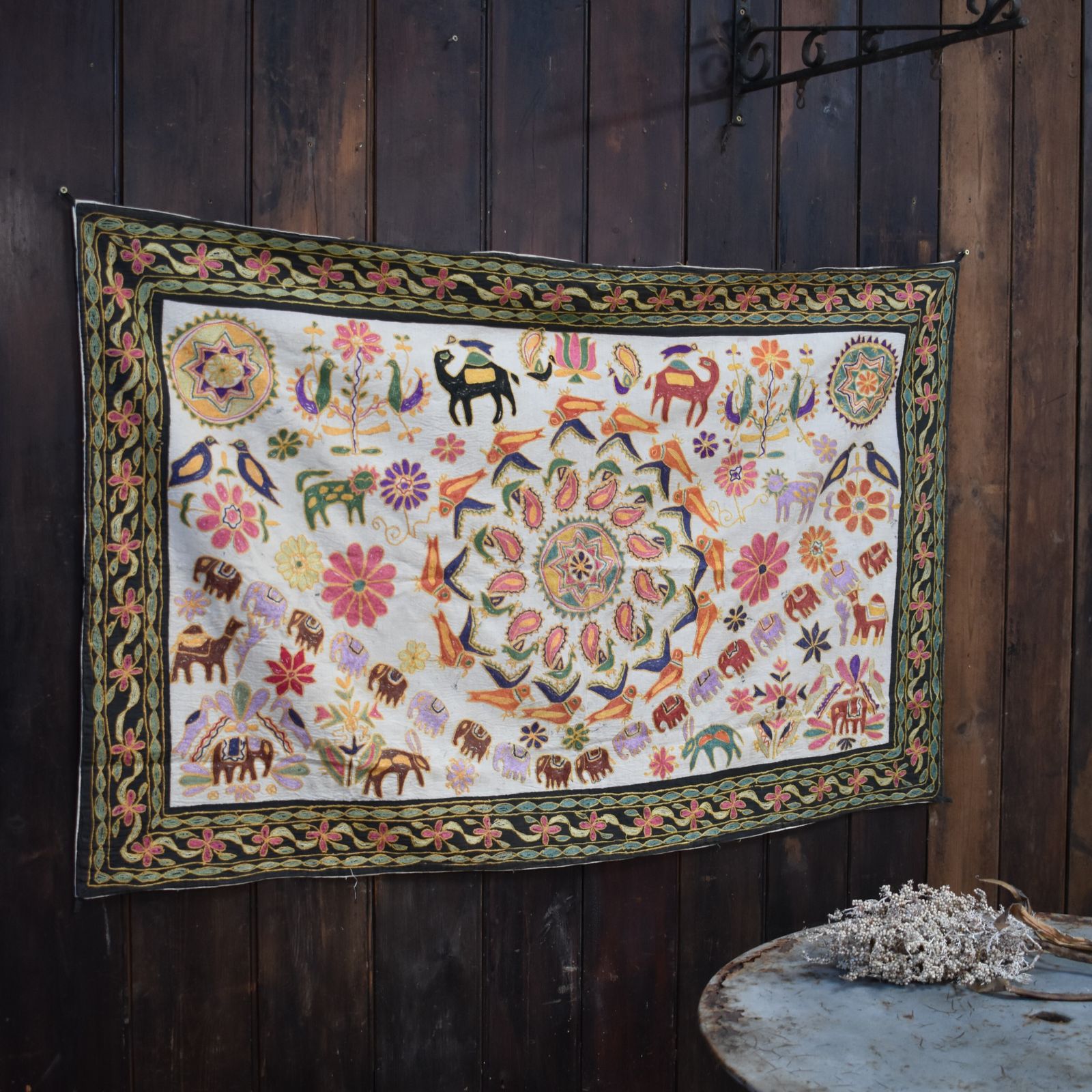 Vintage Traditional Kutch Indian Hand Embroidered Cotton Silk Textile Tapestry