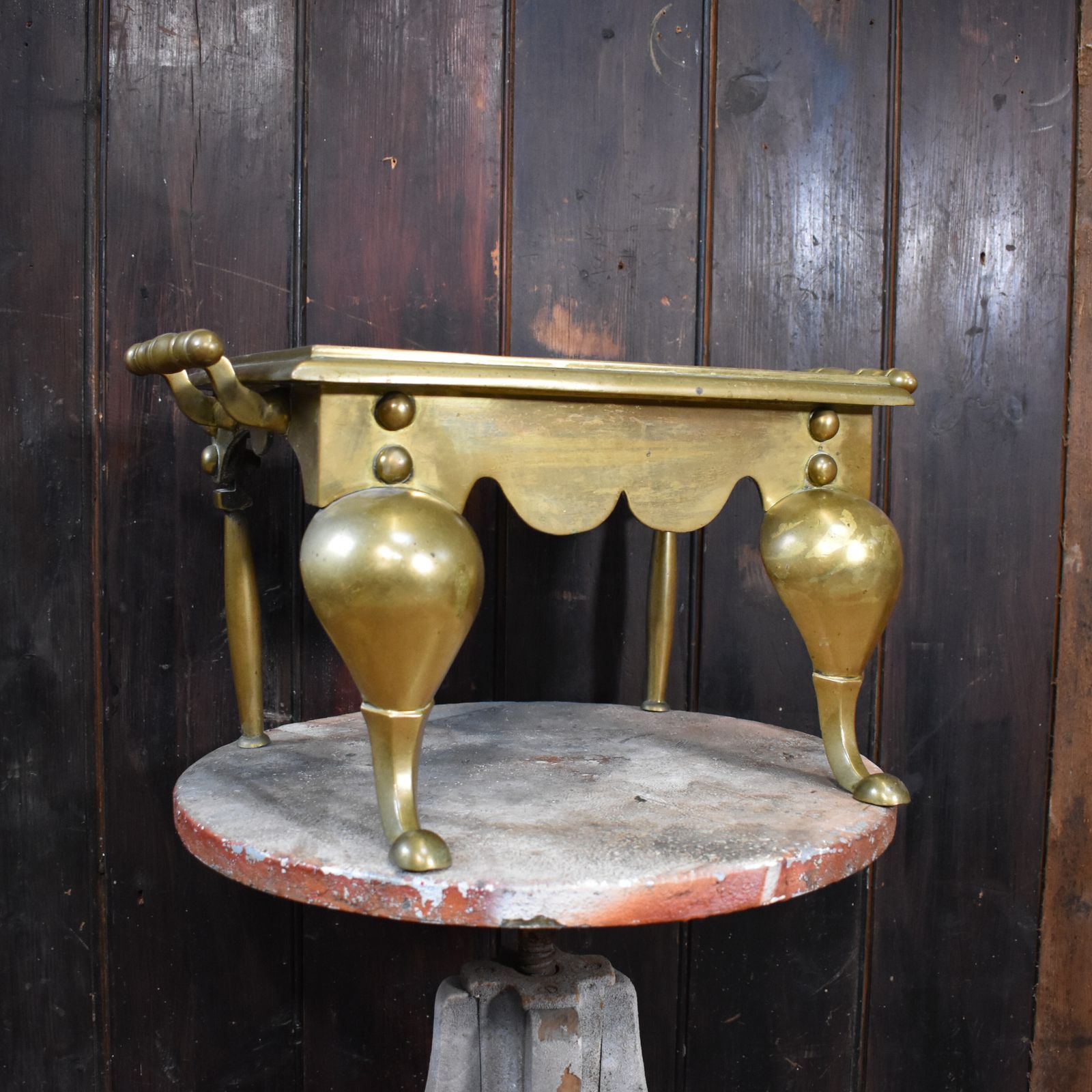 Antique English Georgian Brass Footman Handled Trivet Plant Display Stand photo furniture