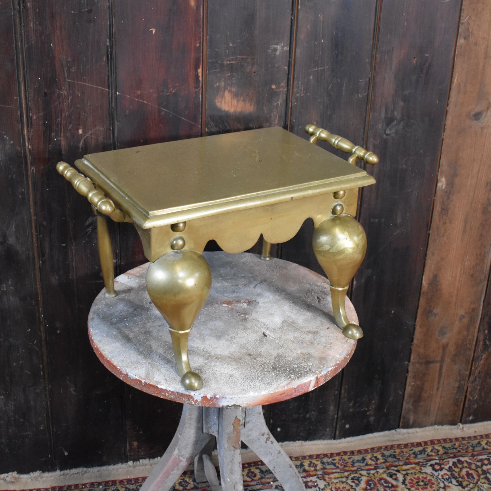 Antique English Georgian Brass Footman Handled Trivet Plant Display Stand photo buy