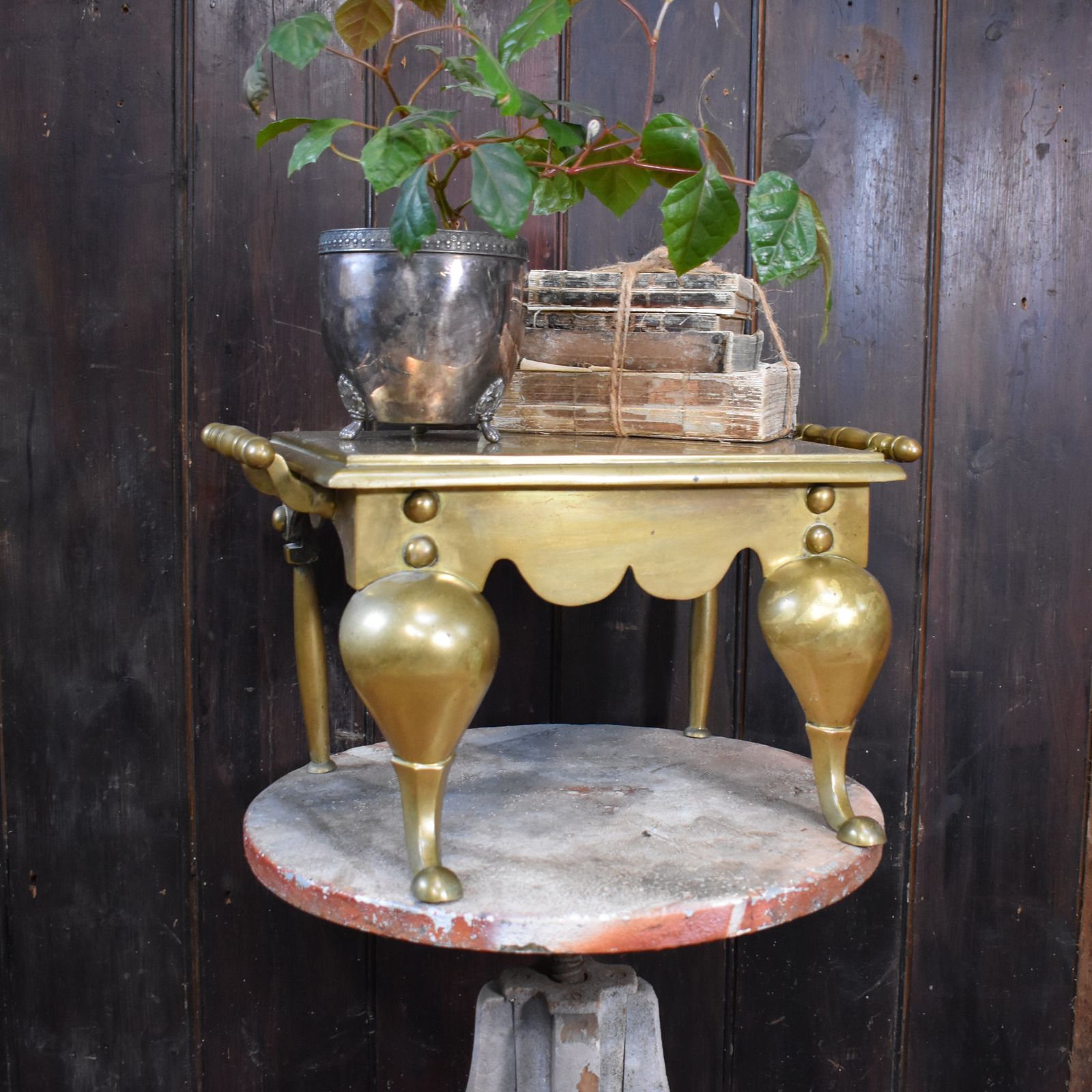 225.0 Antique English Georgian Brass Footman Handled Trivet Plant Display Stand photo