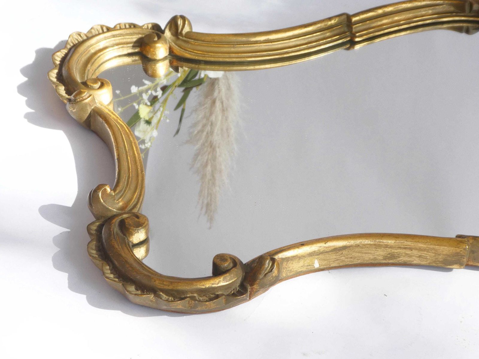 Gold Gilt Scalloped Baroque Mirror, French Hollywood Regency Rococo Wall Mirror, Floral Design Wall Hanging photo 289.0