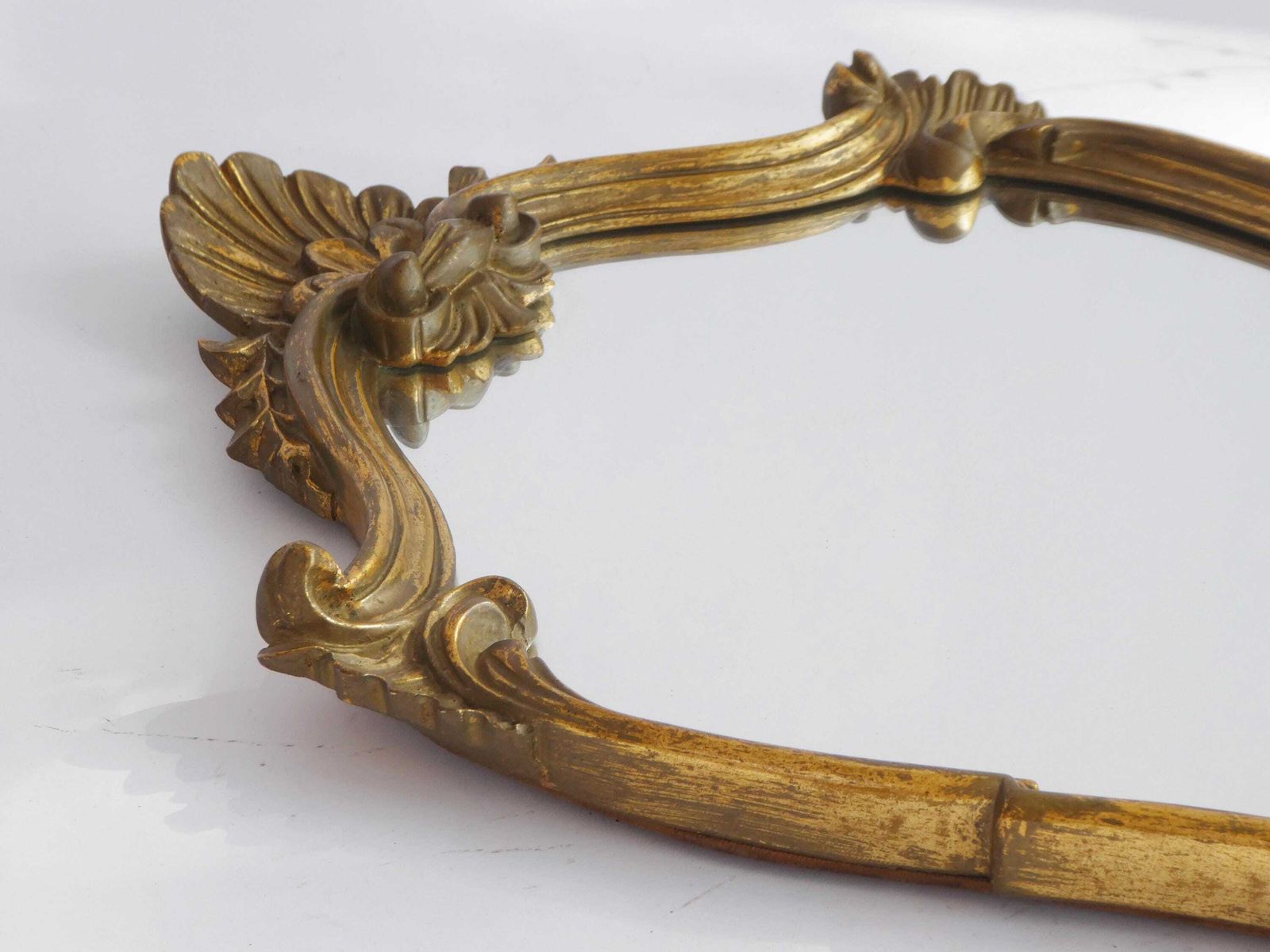 Gold Gilt Scalloped Baroque Mirror, French Hollywood Regency Rococo Wall Mirror, Floral Design Wall Hanging photo vintage
