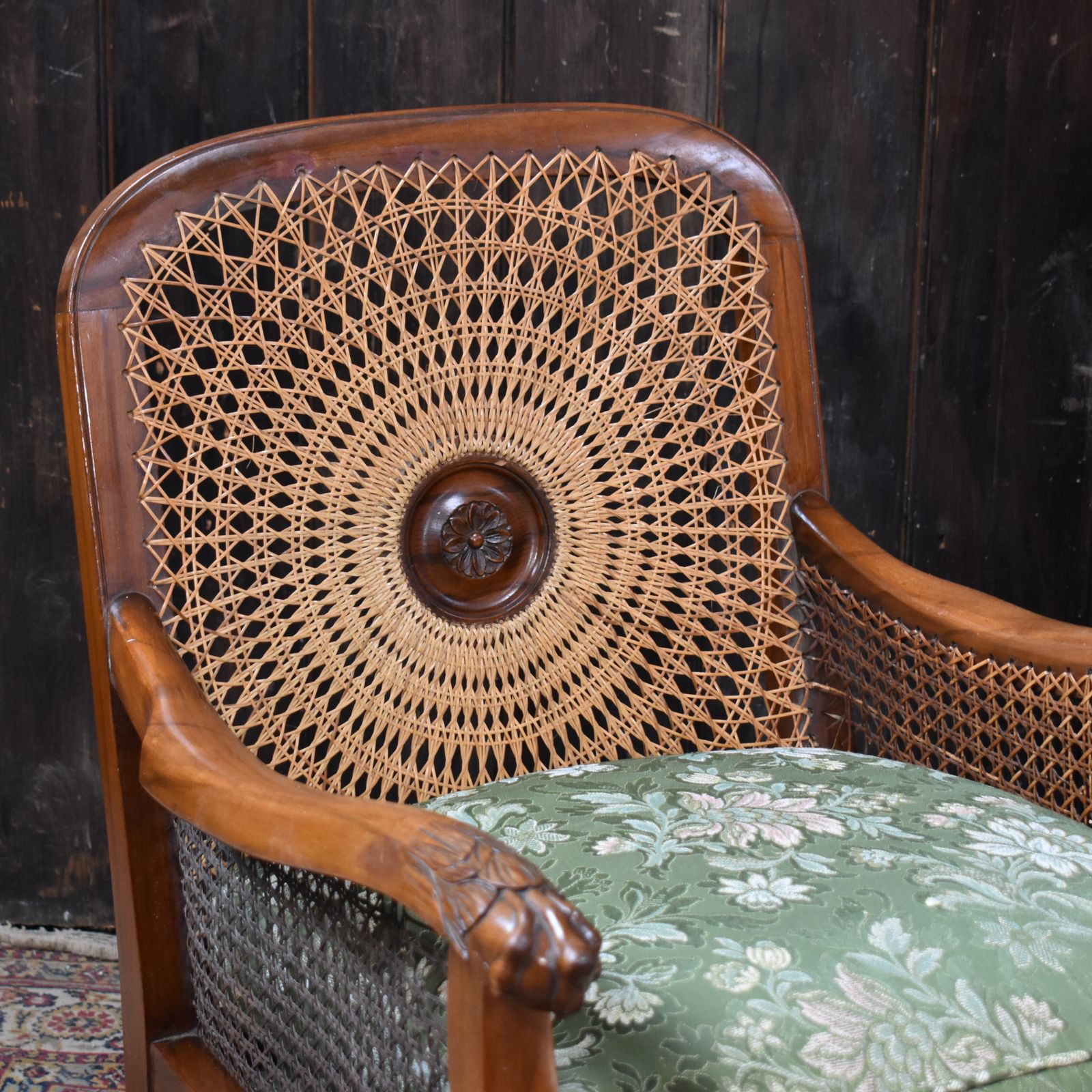 Antique Walnut Bergere Cane Carved Paw Arms Claw & Ball Foot Armchairs Pair photo vinterior