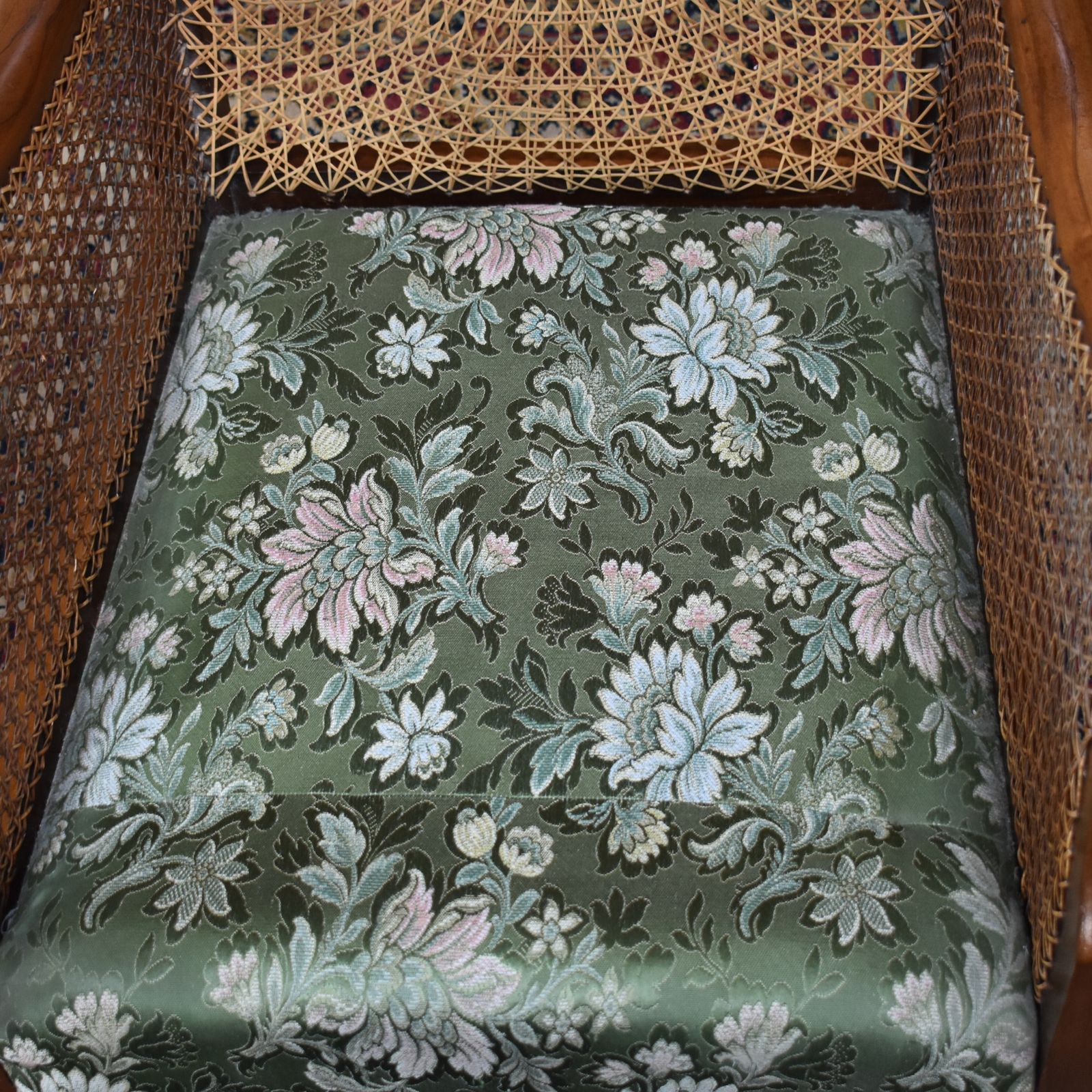 photo furniture Antique Walnut Bergere Cane Carved Paw Arms Claw & Ball Foot Armchairs Pair