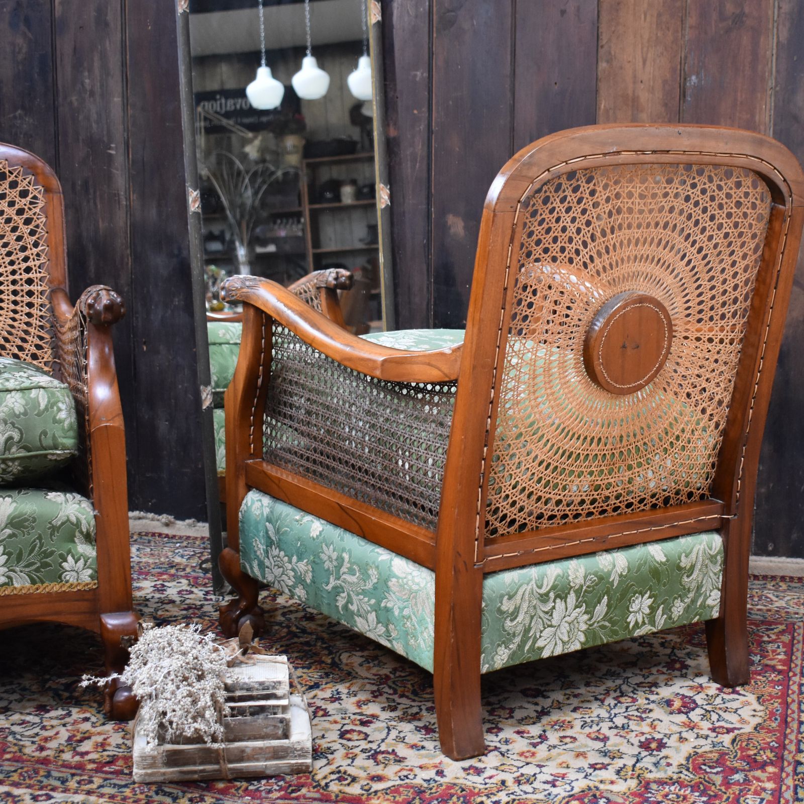 photo for sale Antique Walnut Bergere Cane Carved Paw Arms Claw & Ball Foot Armchairs Pair