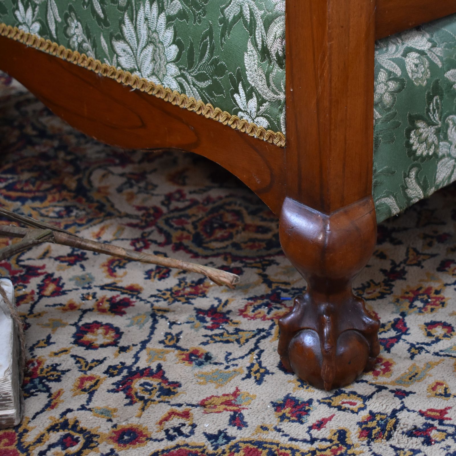 Furniture Antique Walnut Bergere Cane Carved Paw Arms Claw & Ball Foot Armchairs Pair photo