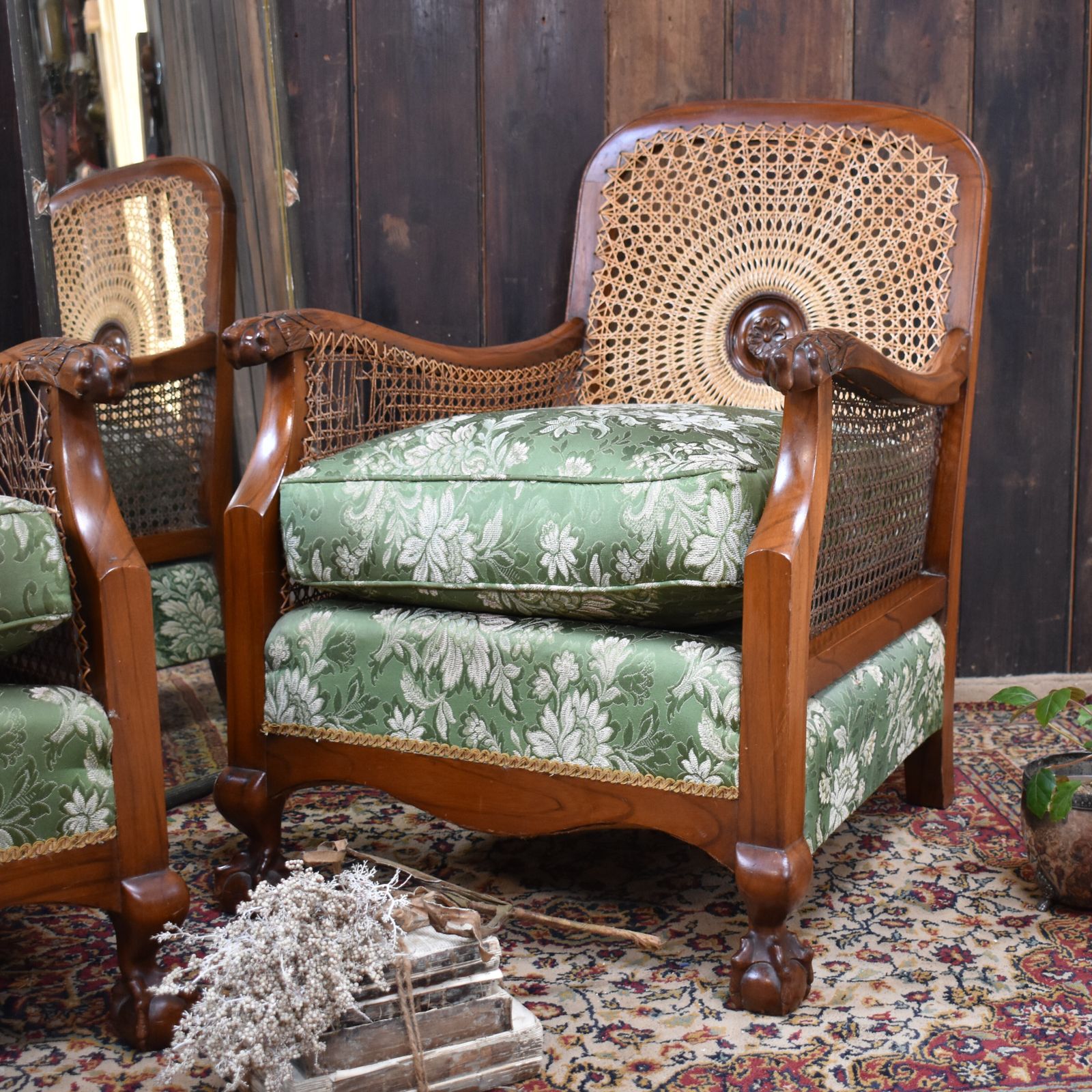 795.0 Antique Walnut Bergere Cane Carved Paw Arms Claw & Ball Foot Armchairs Pair photo