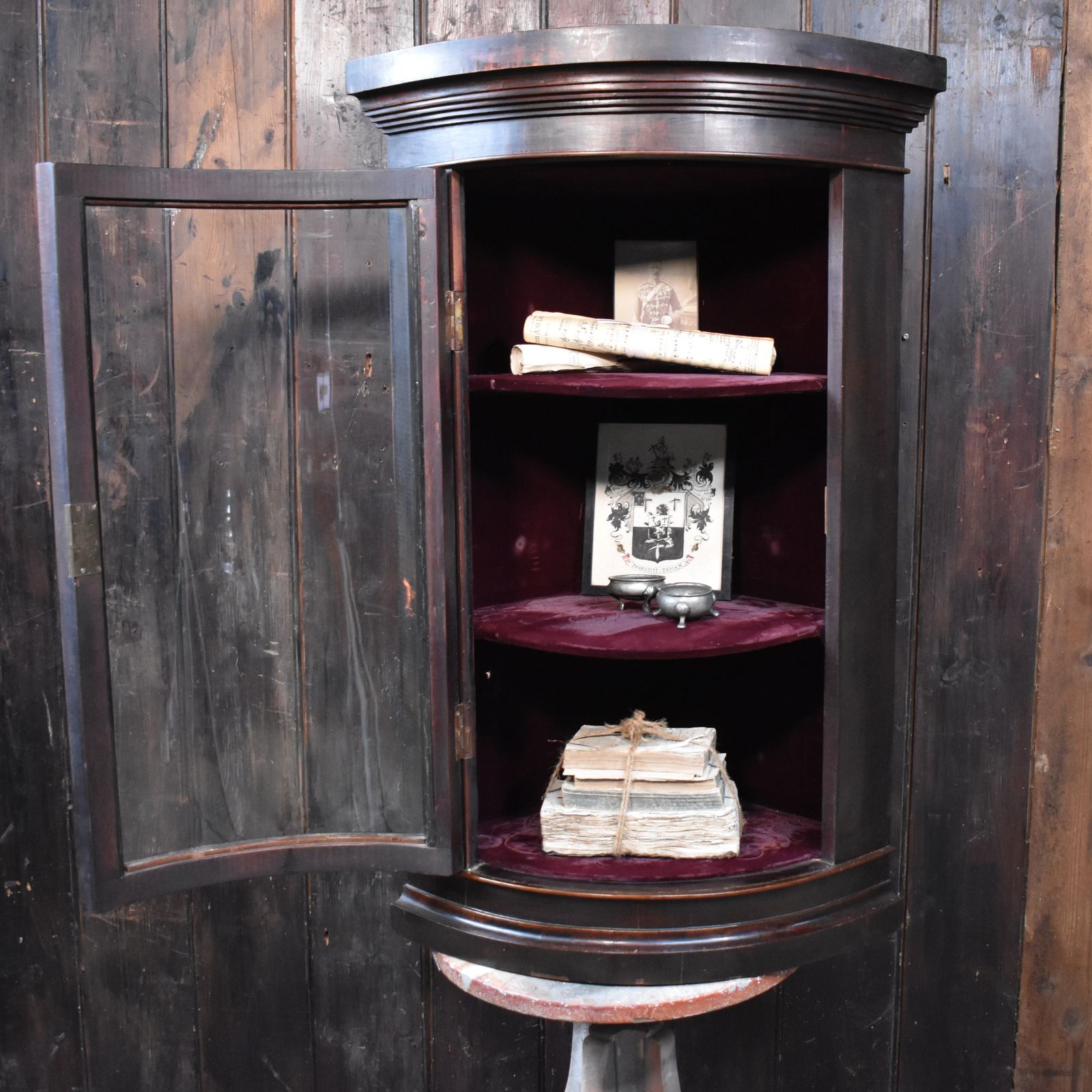 Antique Victorian Mahogany Curved Glass Corner Display Bathroom Kitchen Cabinet photo vinterior