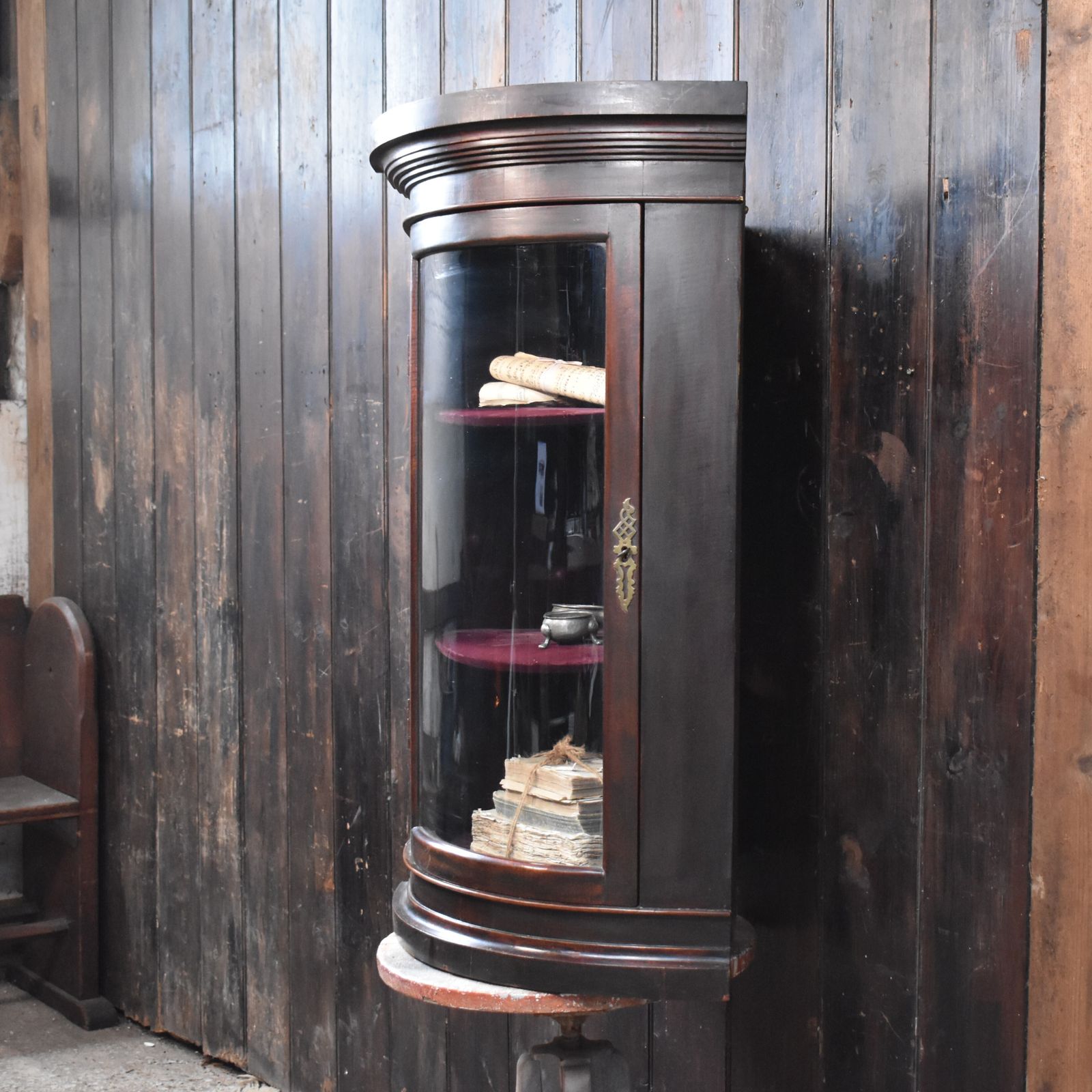 375.0 Antique Victorian Mahogany Curved Glass Corner Display Bathroom Kitchen Cabinet photo