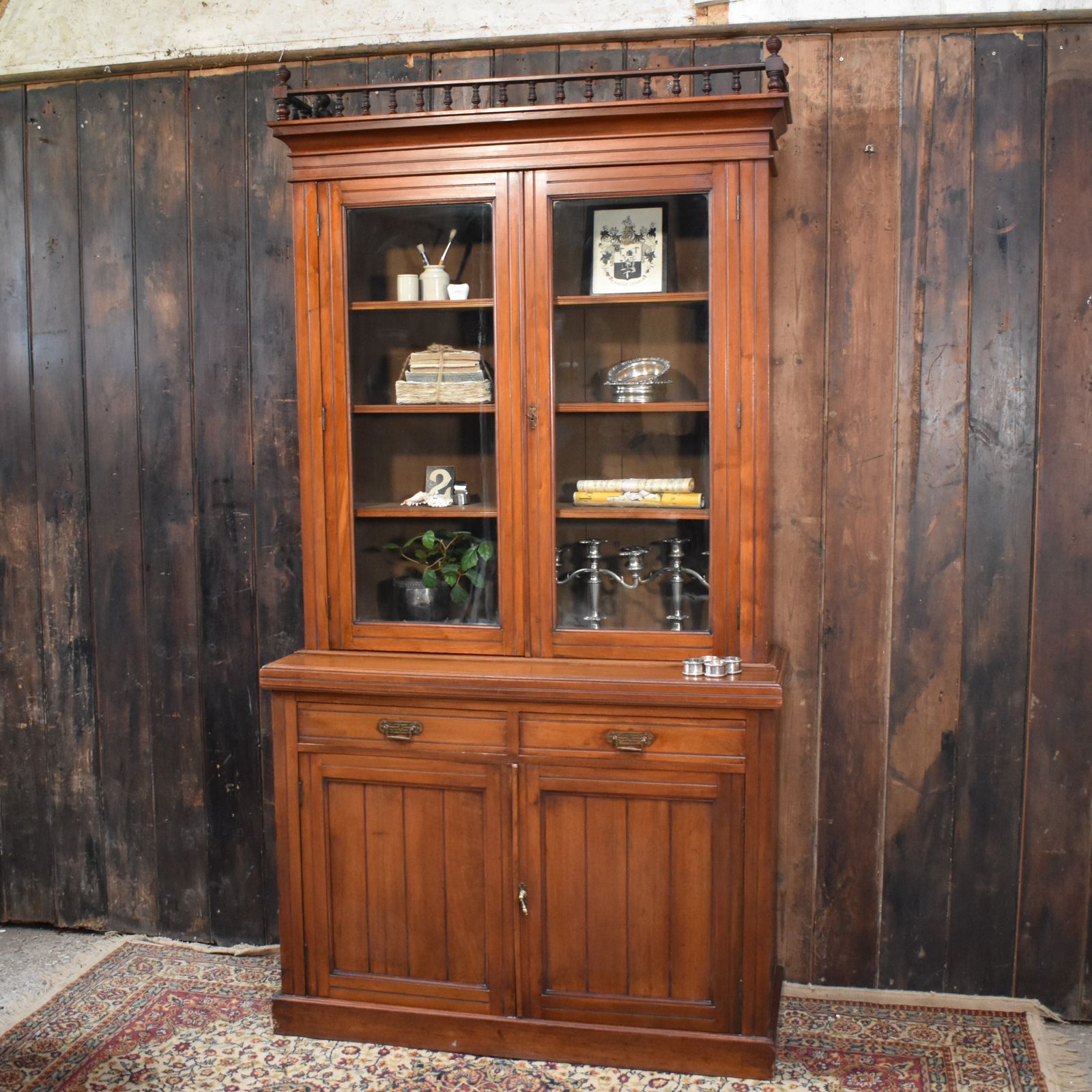 Antique Victorian Walnut Gallery Top Glazed Bookcase Display Cabinet Dresser