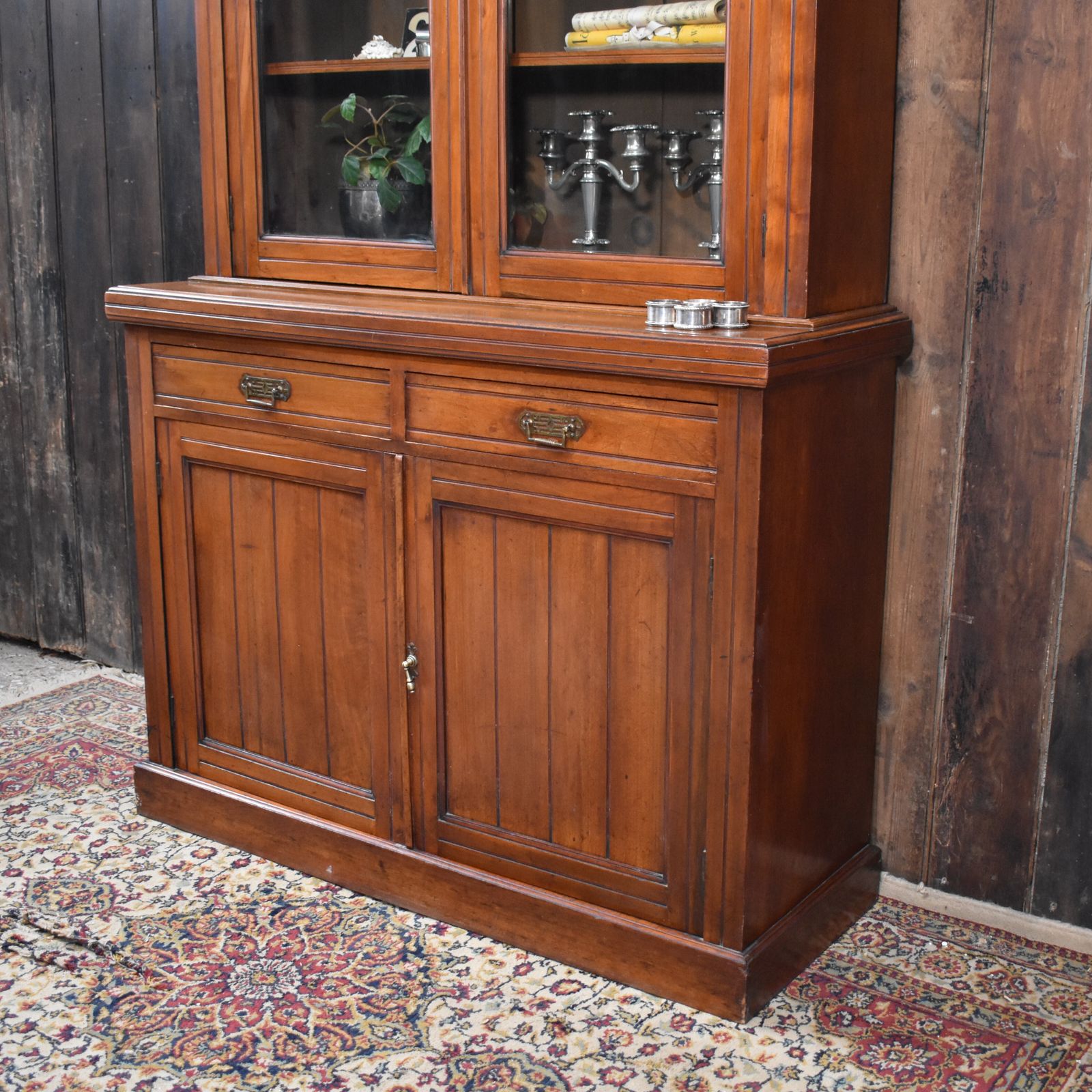 photo for sale Antique Victorian Walnut Gallery Top Glazed Bookcase Display Cabinet Dresser