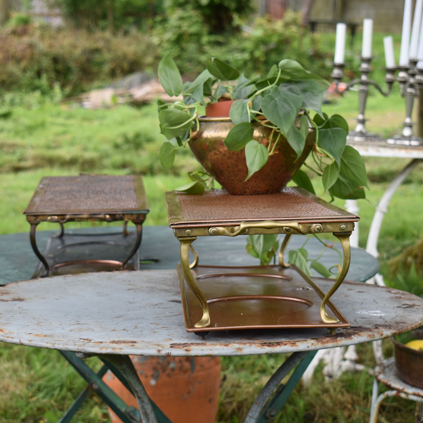 Antique Henry Loveridge Repousse Copper & Brass Warmer Plant Display Stand Pair photo Furniture