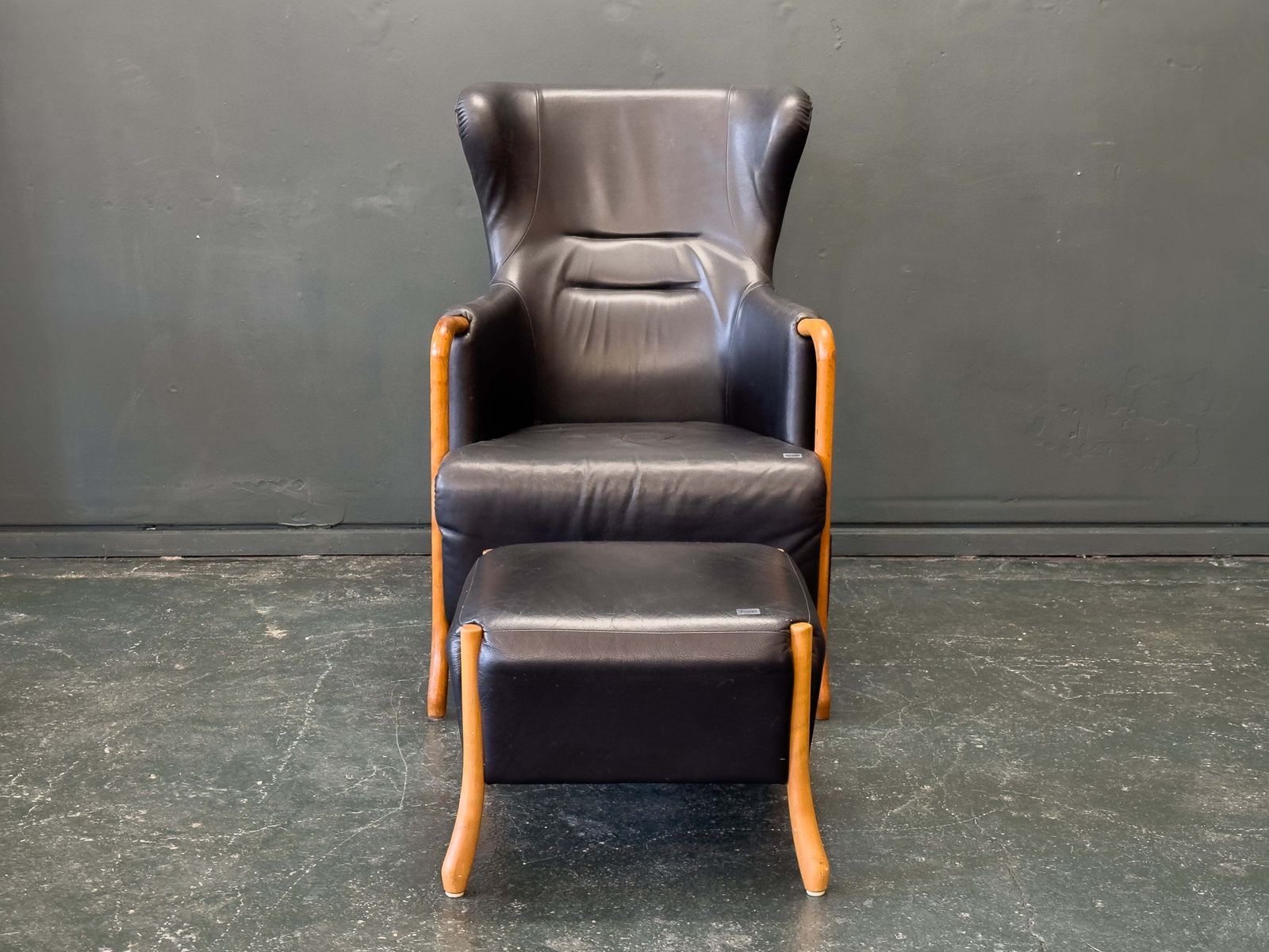 'Claudia' Black Leather And Beech Highback Armchair With Footstool By Stouby photo vinterior