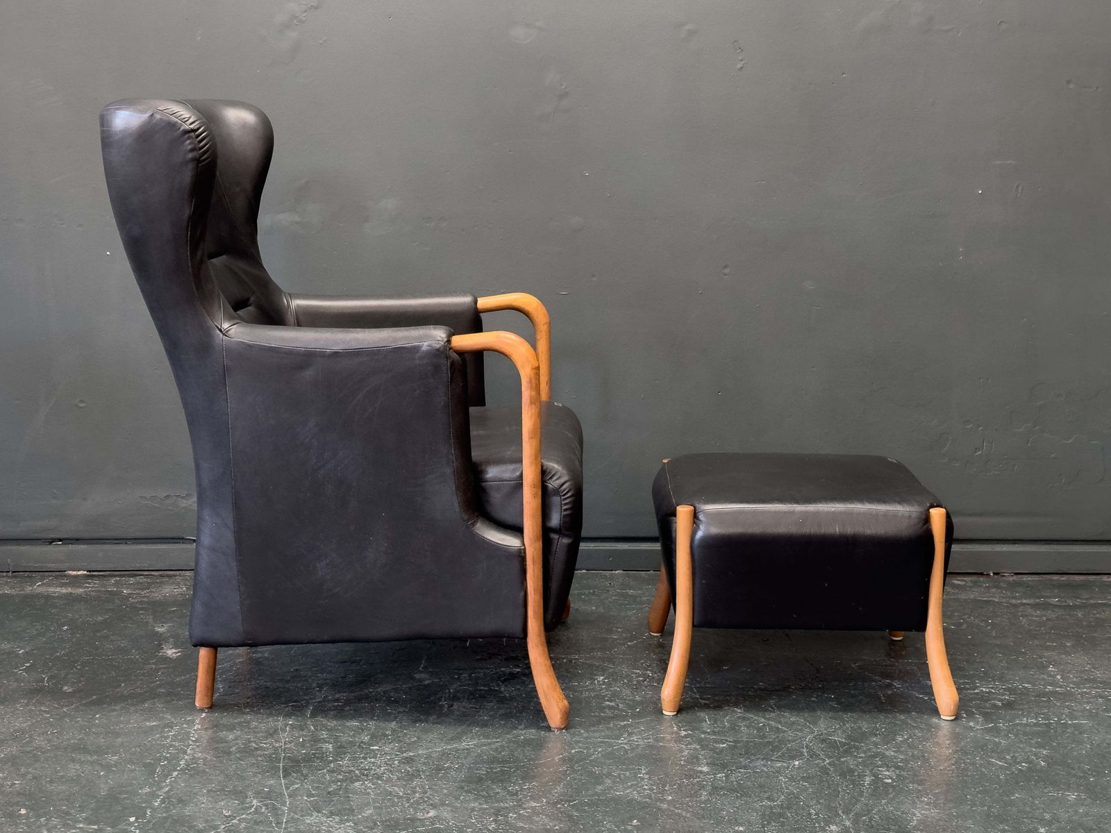'Claudia' Black Leather And Beech Highback Armchair With Footstool By Stouby photo vintage
