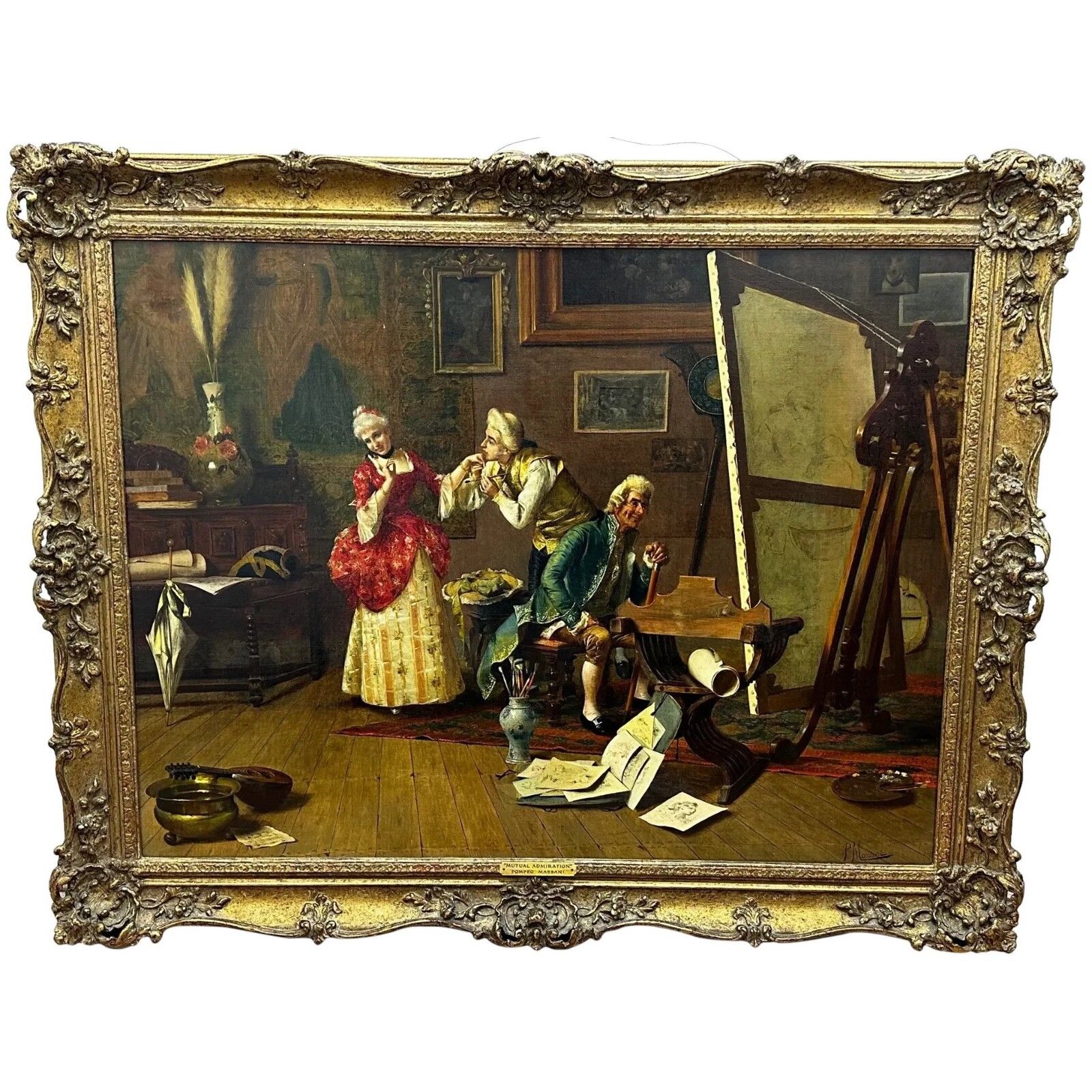 Gilt Framed 19th Century Italian Genre Mutual Admiration Oil Painting By Pompeo Massani