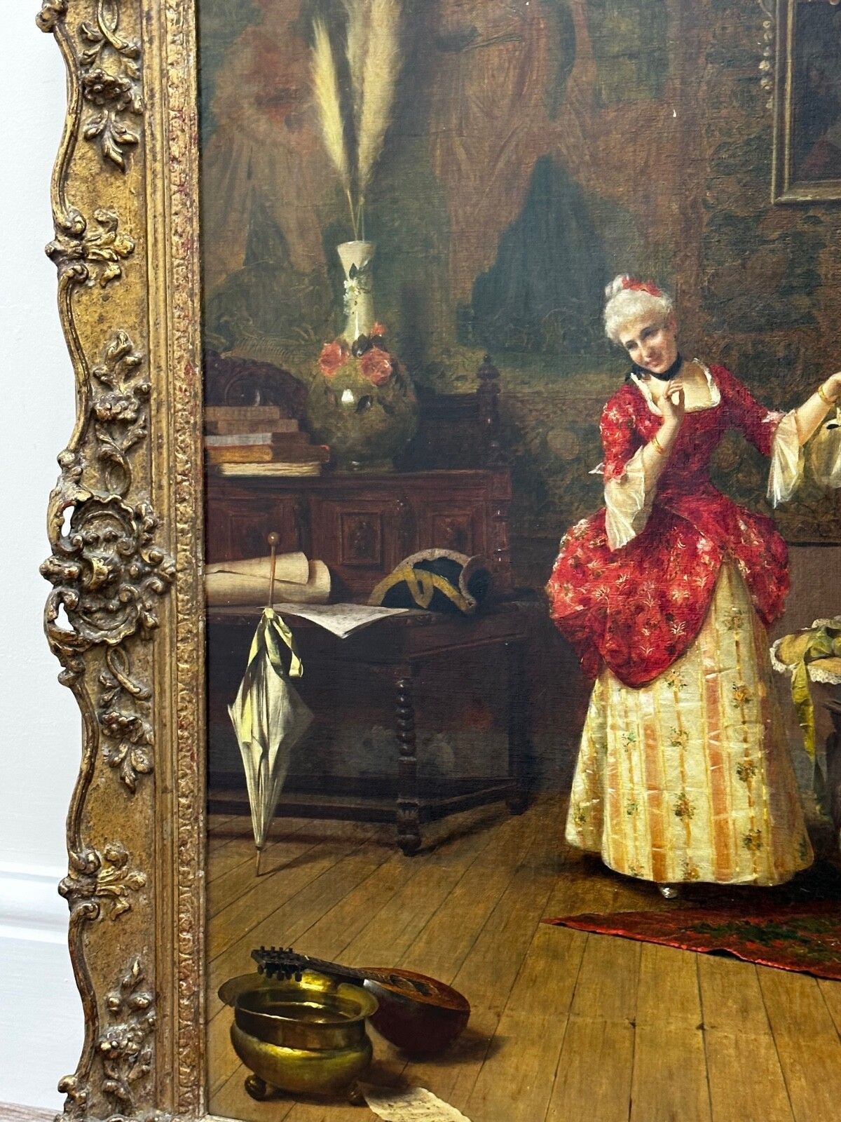 Gilt Framed 19th Century Italian Genre Mutual Admiration Oil Painting By Pompeo Massani photo buy