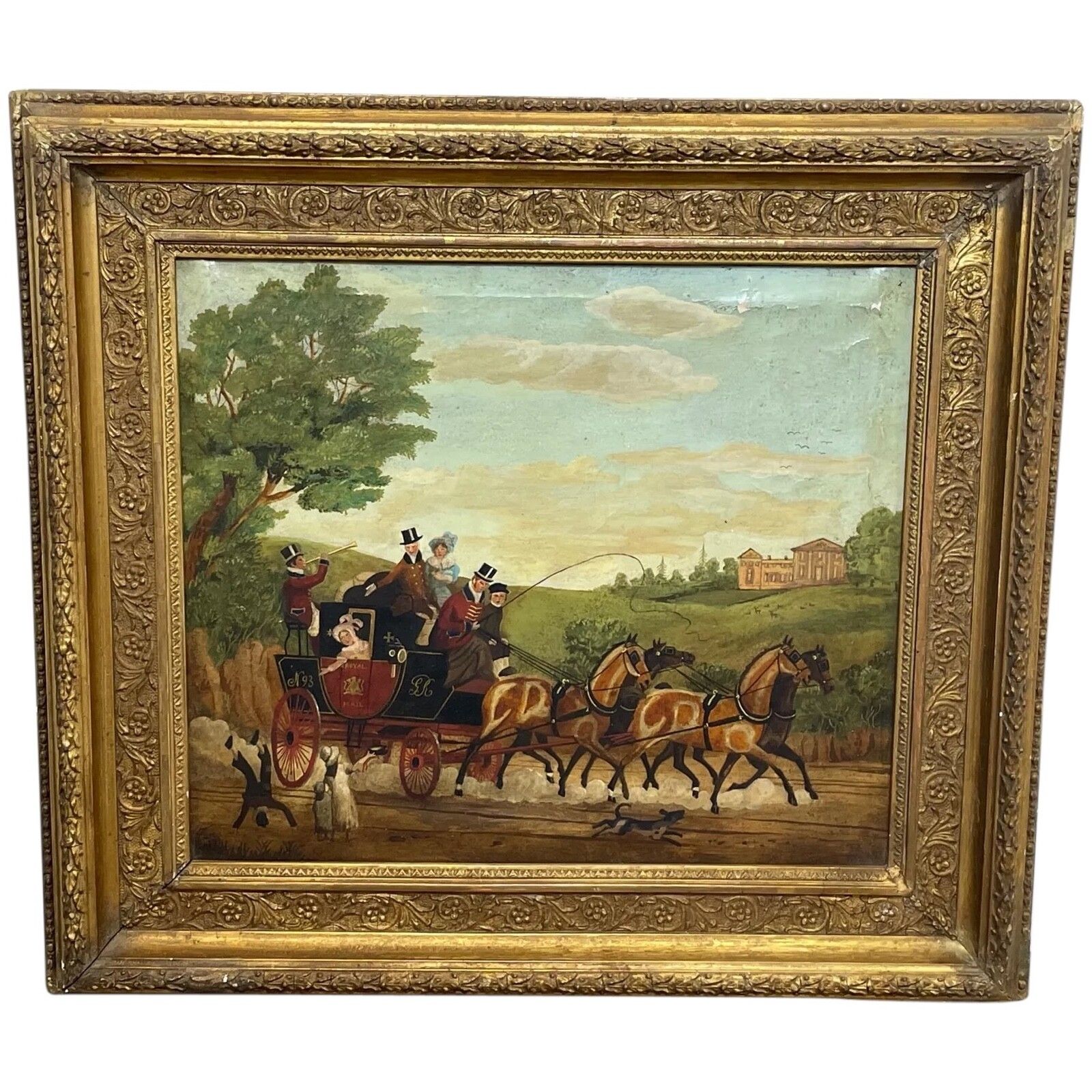 19th Century Oil Painting Royal Mail Carriage With Horses After James Pollard