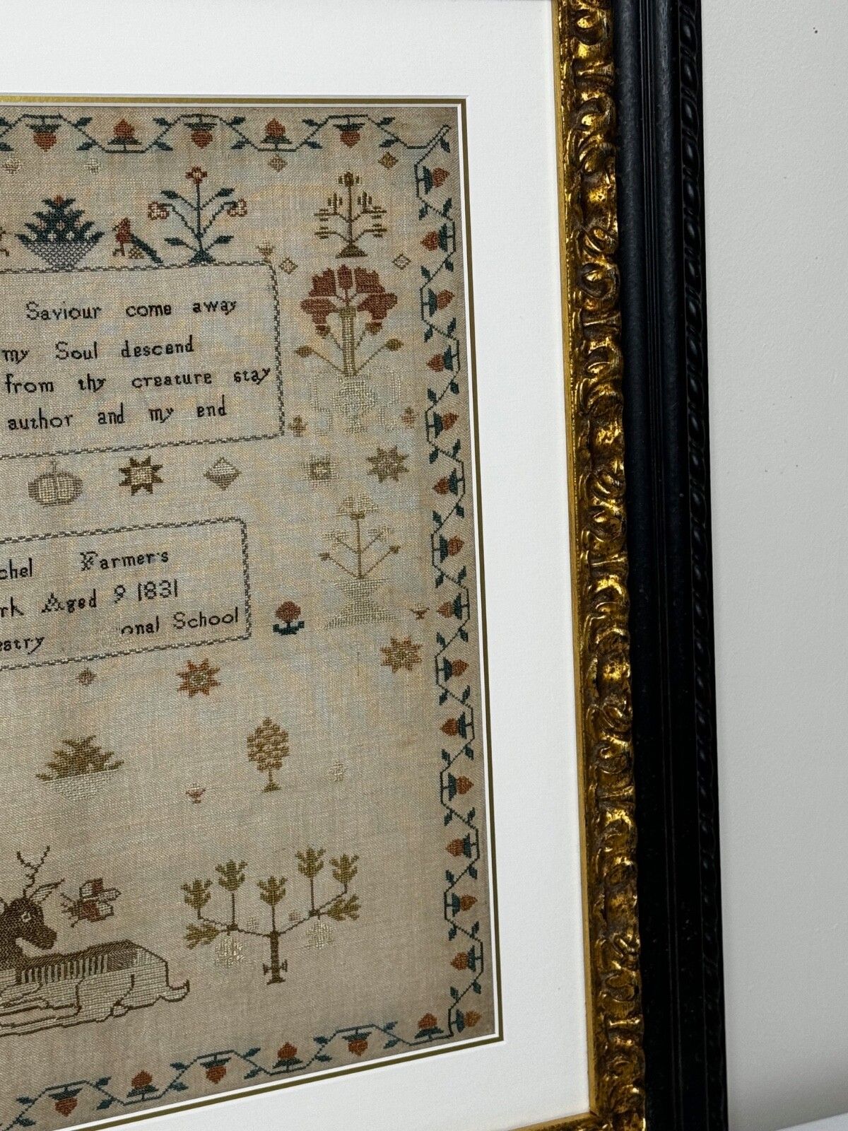 Stag Looking At Bee Tapestry Sampler By Rachel 1831 Oswestry National School photo furniture