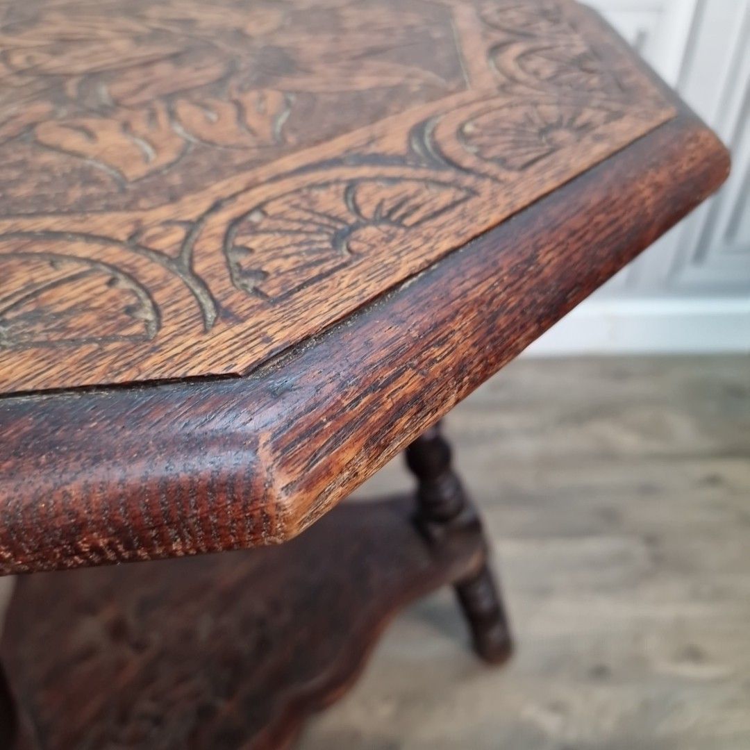 Antique Carved Lamp Table Oak Nonagonal – Arts And Crafts Side Liberty & Co photo vinterior